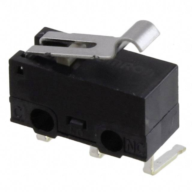 Ein schwarzer Mikroschalter mit Schaltarm aus Metall. Zwei Anschlüsse sind sichtbar. Verwendet in elektronischen Schaltungen zur Steuerung.