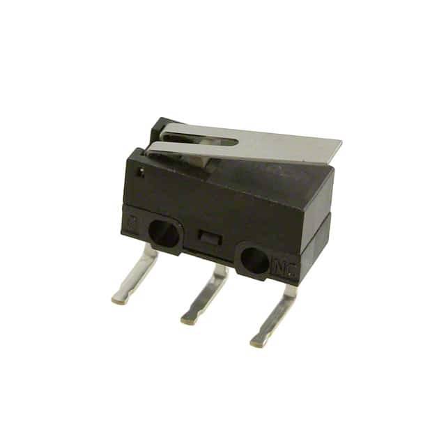 Ein schwarzer Mikroschalter mit drei Metallstiften, typischerweise in elektronischen Geräten zur Steuerung von Schaltkreisen verwendet.