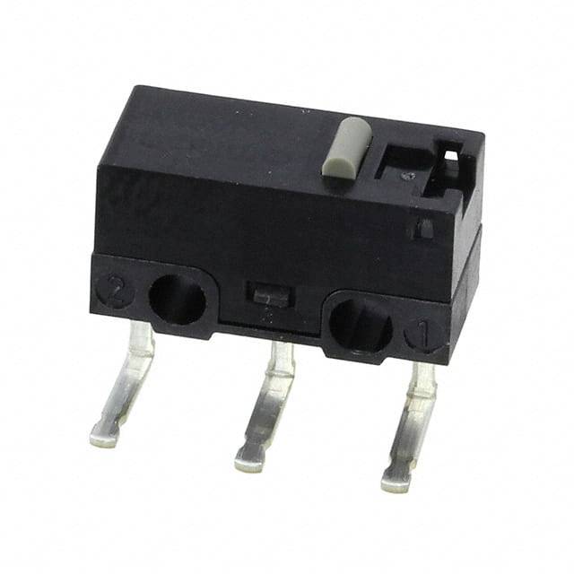 Ein schwarzer Mikroschalter mit drei Metallbeinen, meist verwendet in elektronischen Geräten zur Steuerung von Stromkreisen.