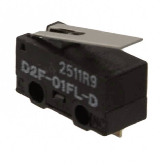 Nahaufnahme eines schwarzen Mikroschalters mit zwei Löchern und silbernem Hebel. Modellnummer 'D2F-01FL-D' ist sichtbar.