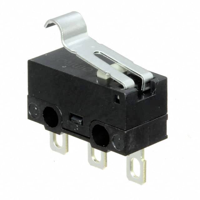 Ein kleiner schwarzer Mikroschalter mit Metallhebel und drei Anschlussklemmen, geeignet für elektronische Anwendungen.