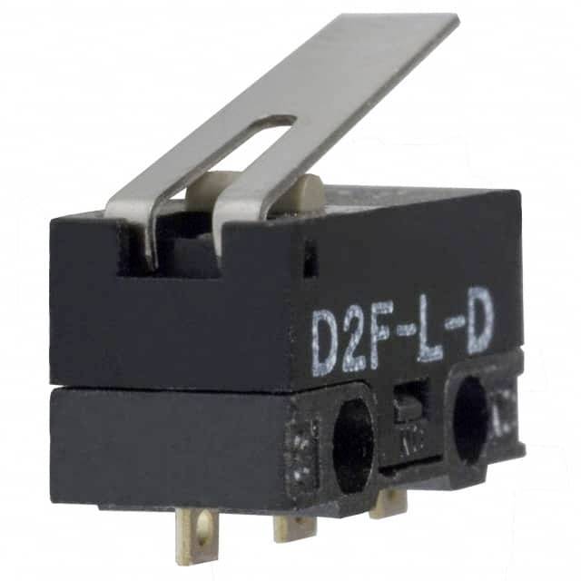 Ein schwarzer Mikroschalter mit Hebel, Modell 'D2F-L-D', wird dargestellt. Er hat zwei Befestigungslöcher und drei Anschlusspole.