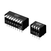 Zwei schwarze DIP-Schalter, einer mit acht Schaltern, der andere mit vier. Sie werden in elektronischen Schaltungen zur Konfiguration genutzt.