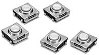Fünf silberne Taster in quadratischer Form, gleichmäßig verteilt, mit runden Druckflächen sichtbar.