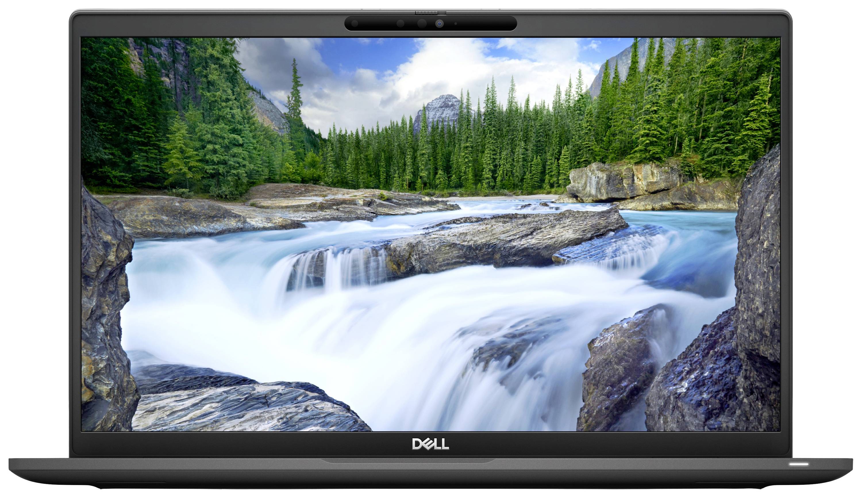 Ein Laptop mit eingeschaltetem Bildschirm zeigt ein Bild von einem Fluss, der durch einen Wald fließt, mit Bergen im Hintergrund.