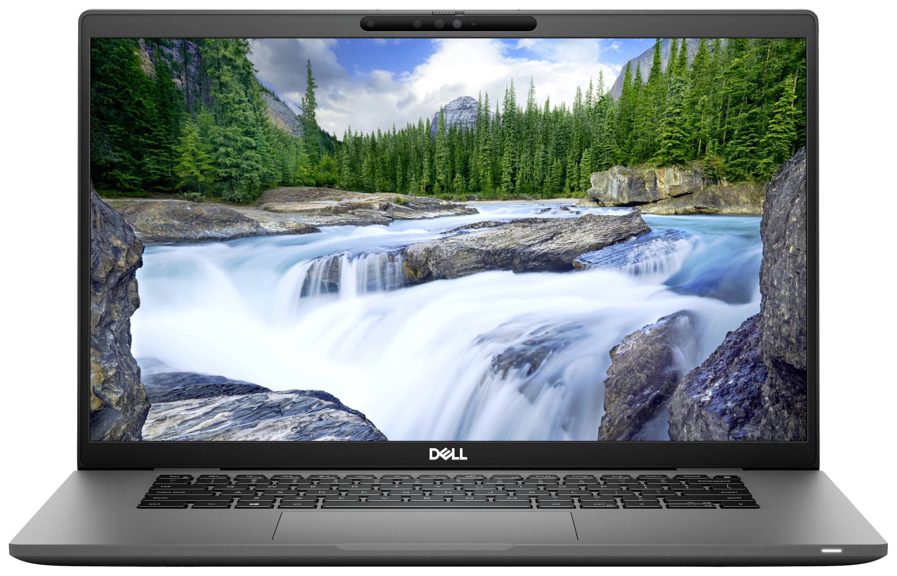 Ein Laptop von vorne, Bildschirm zeigt ein Landschaftsbild mit einem Fluss, umgeben von Bäumen und Bergen.
