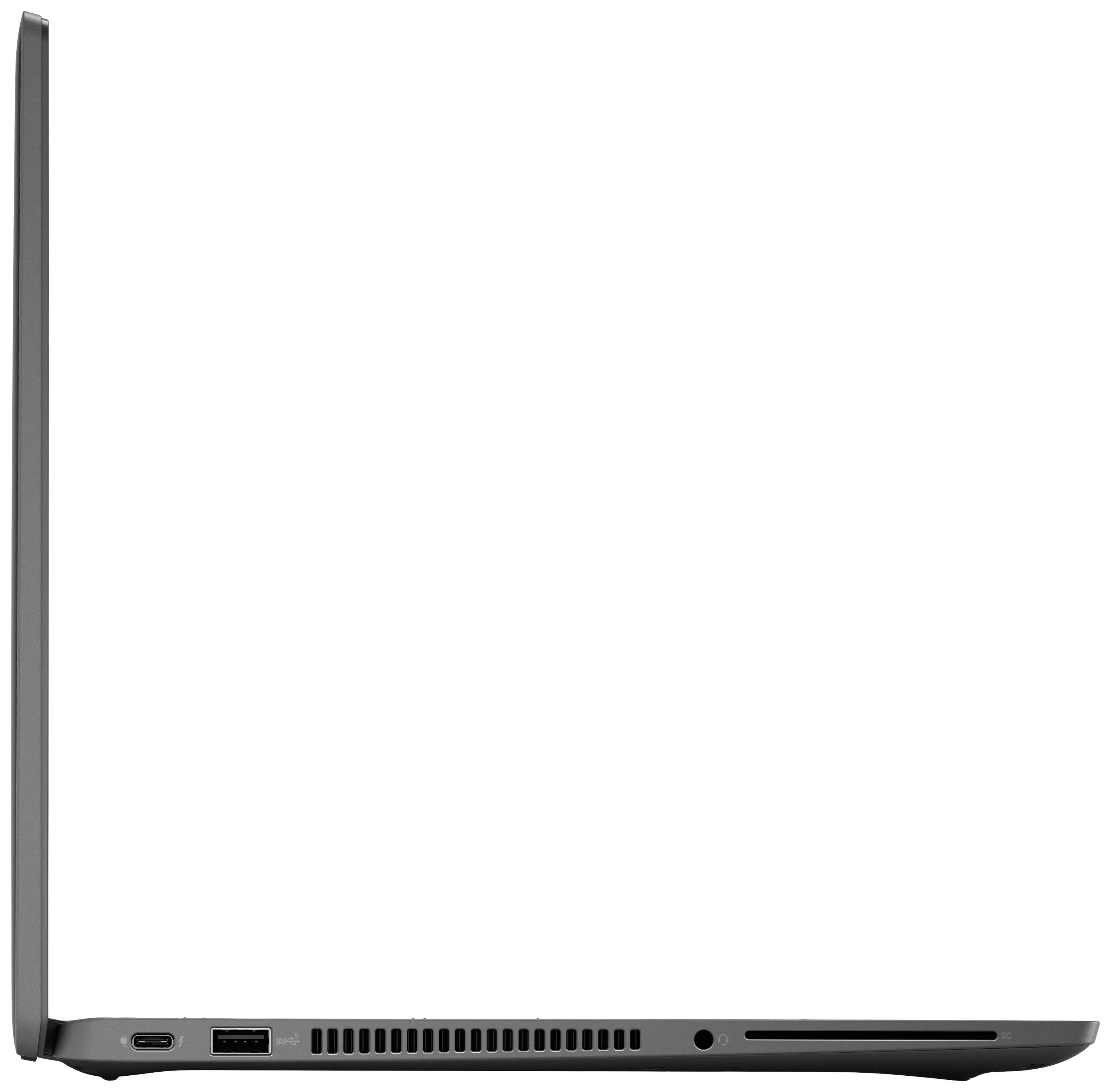 Seitenansicht eines schlanken, teilweise geöffneten Laptops, auf der USB-Anschlüsse und Lüftungsschlitze zu sehen sind.