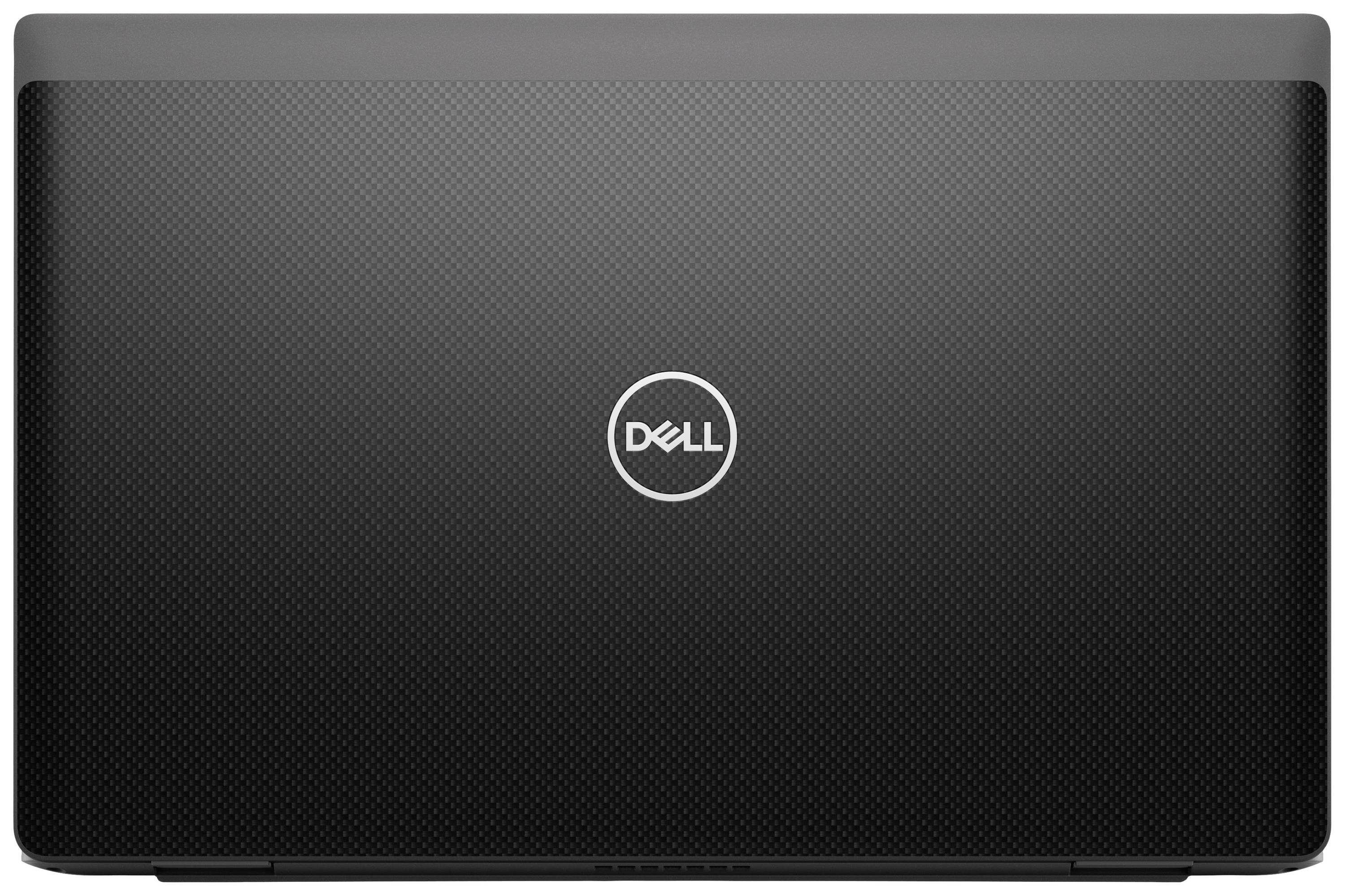 Der Laptopdeckel eines schwarzen Dell-Computers mit dem Dell-Logo in der Mitte.
