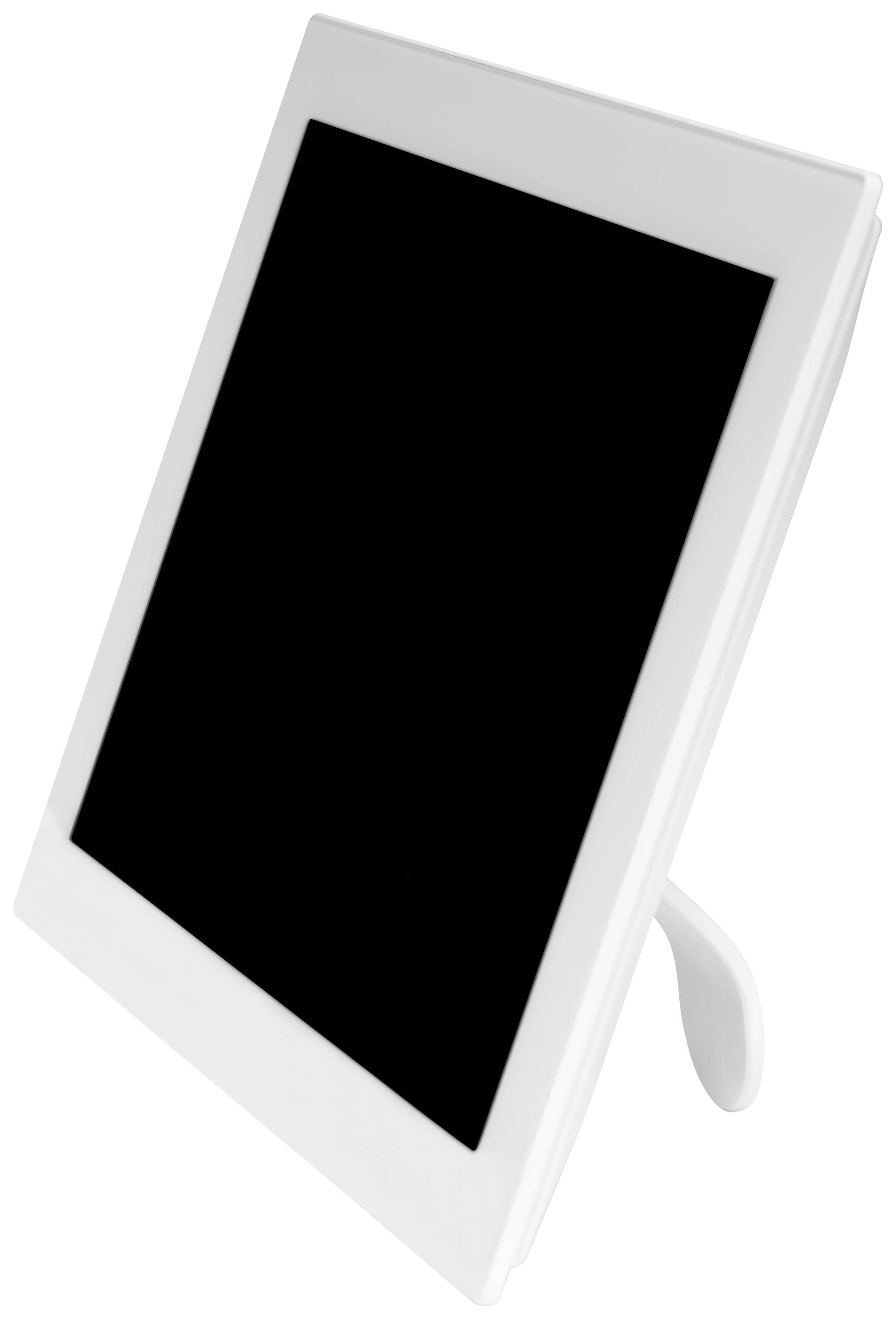 Ein weißer digitaler Bilderrahmen auf einem Ständer mit einem schwarzen Bildschirm auf weißem Hintergrund.