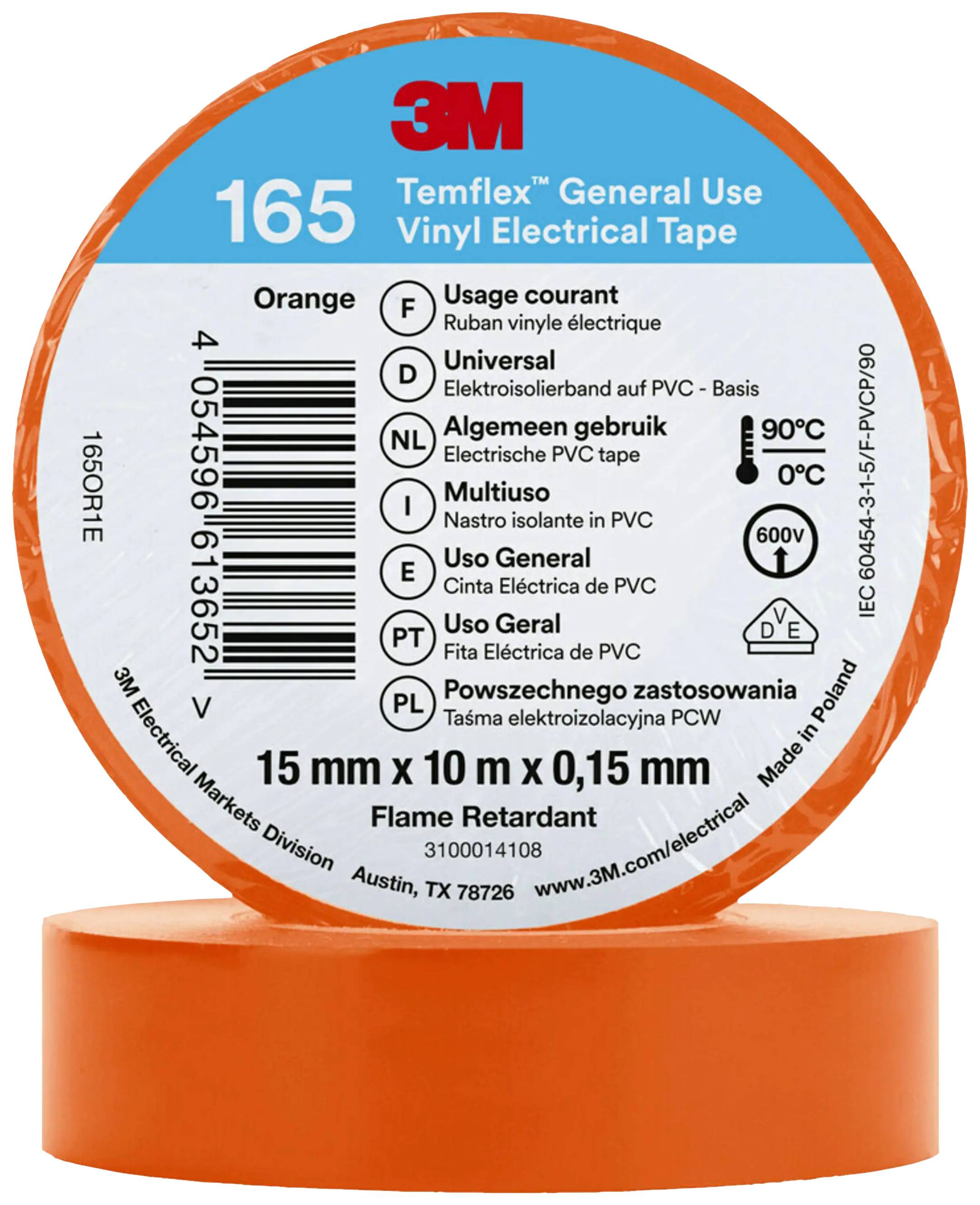 Das Bild zeigt eine Rolle orangefarbenes 3M Temflex Universalklebeband. Auf dem Etikett stehen Spezifikationen wie Größe und Temperaturbeständigkeit.