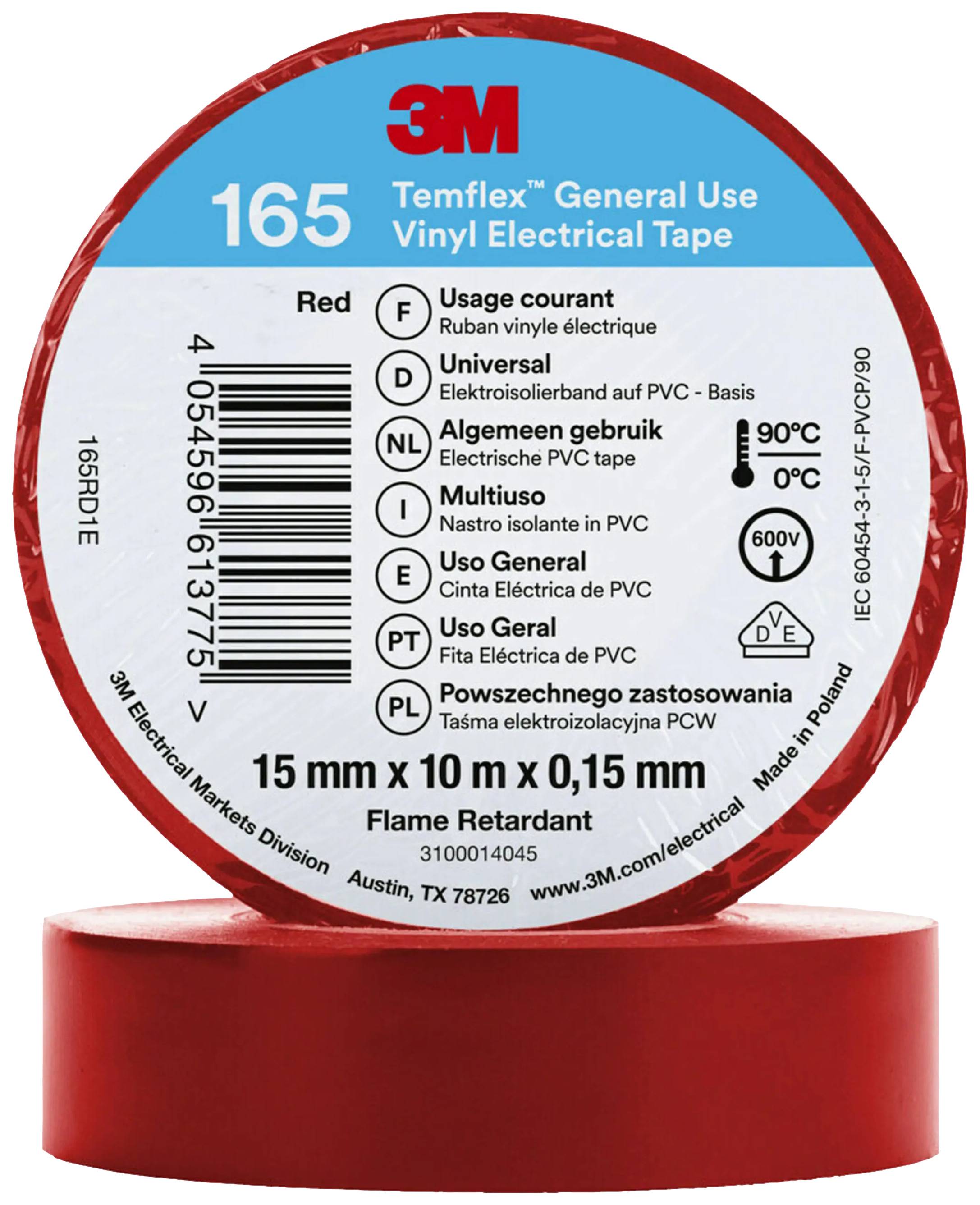 Rote 3M Temflex 165 Vinyl-Elektrobandrolle. 'Universal', '15 mm x 10 m x 0,15 mm', Flammschutzmittel, mehrsprachige Etiketten.