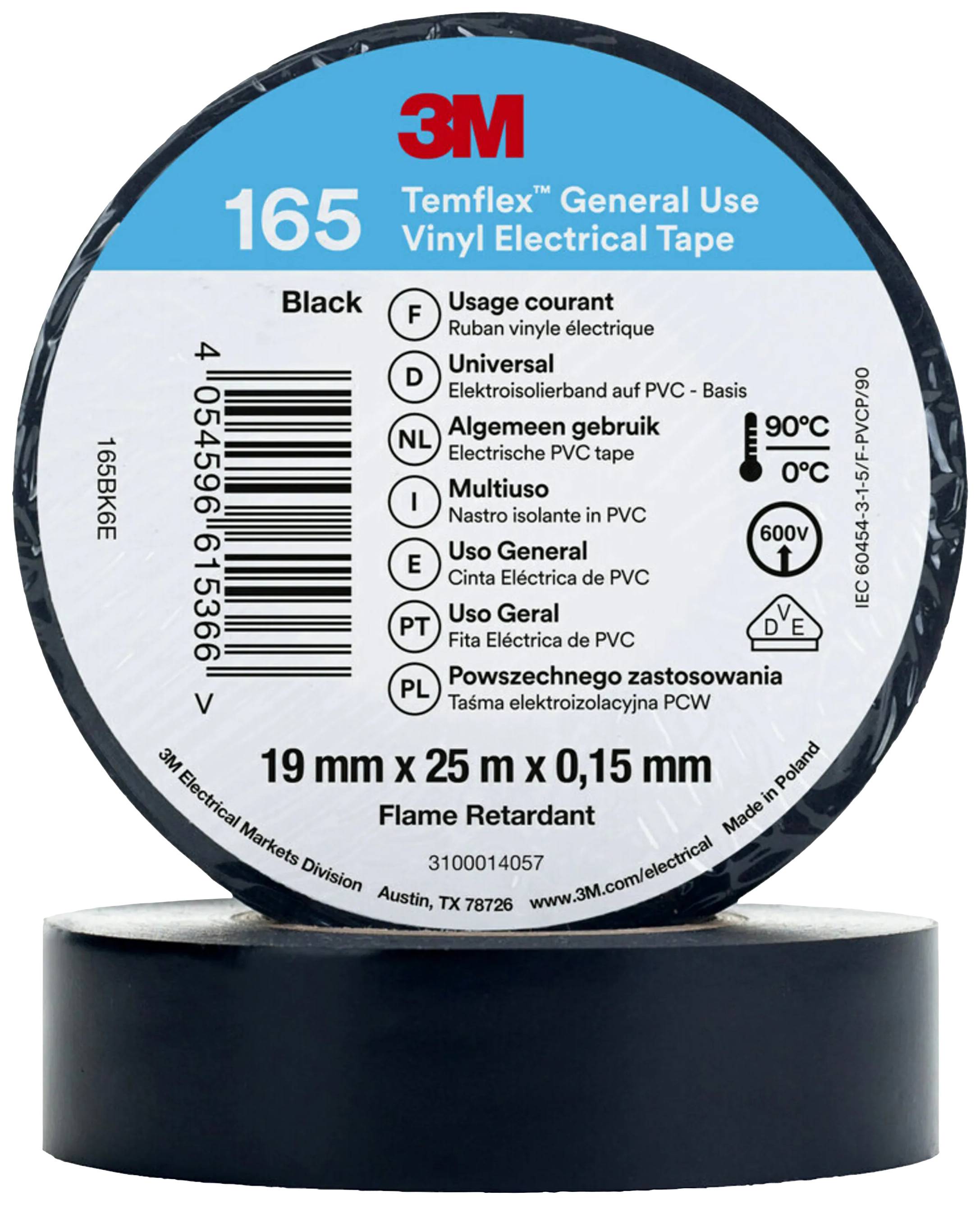 '3M Temflex General Use Vinyl Electrical Tape' in Schwarz. 19 mm x 25 m x 0,15 mm. Beständig bis 90°C, flammhemmend.