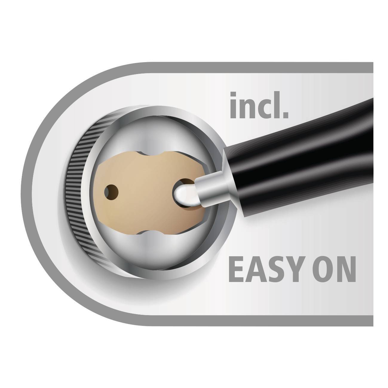 Ein Stift wird leicht in einen Spitzer eingesetzt. Text: 'inkl. EASY ON'. Der Fokus liegt auf der einfachen Handhabung.