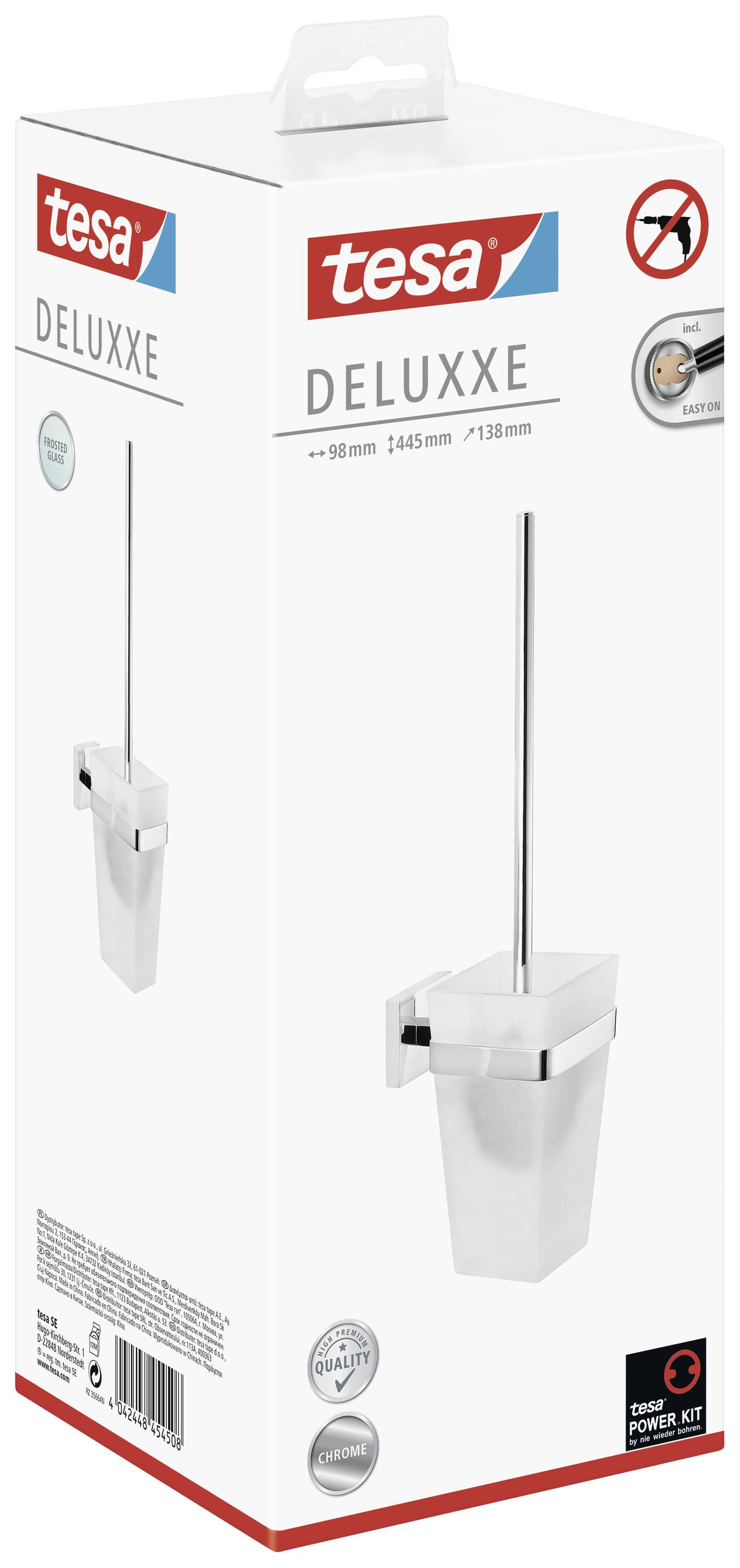 Toilettenbürstenhalter von 'tesa' namens 'DELUXXE', Montage ohne Bohren dank 'Power.Kit', inklusive Inhalt und Abmessungen.