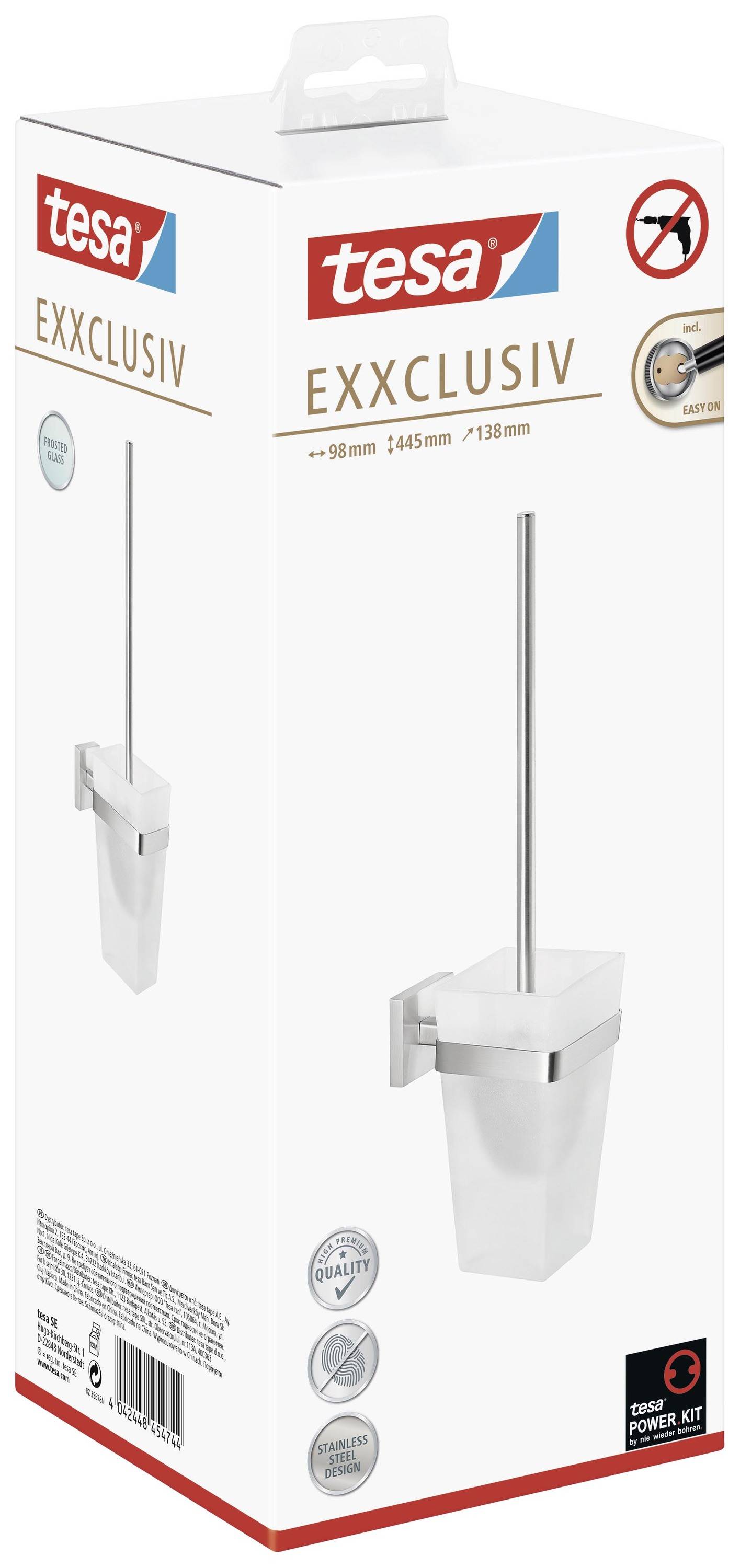 Verpackung eines Tesa Exxclusiv Toilettenbürstenhalters. Enthält Produktabbildung, Montageinformationen und Maße: 90x445x138mm.