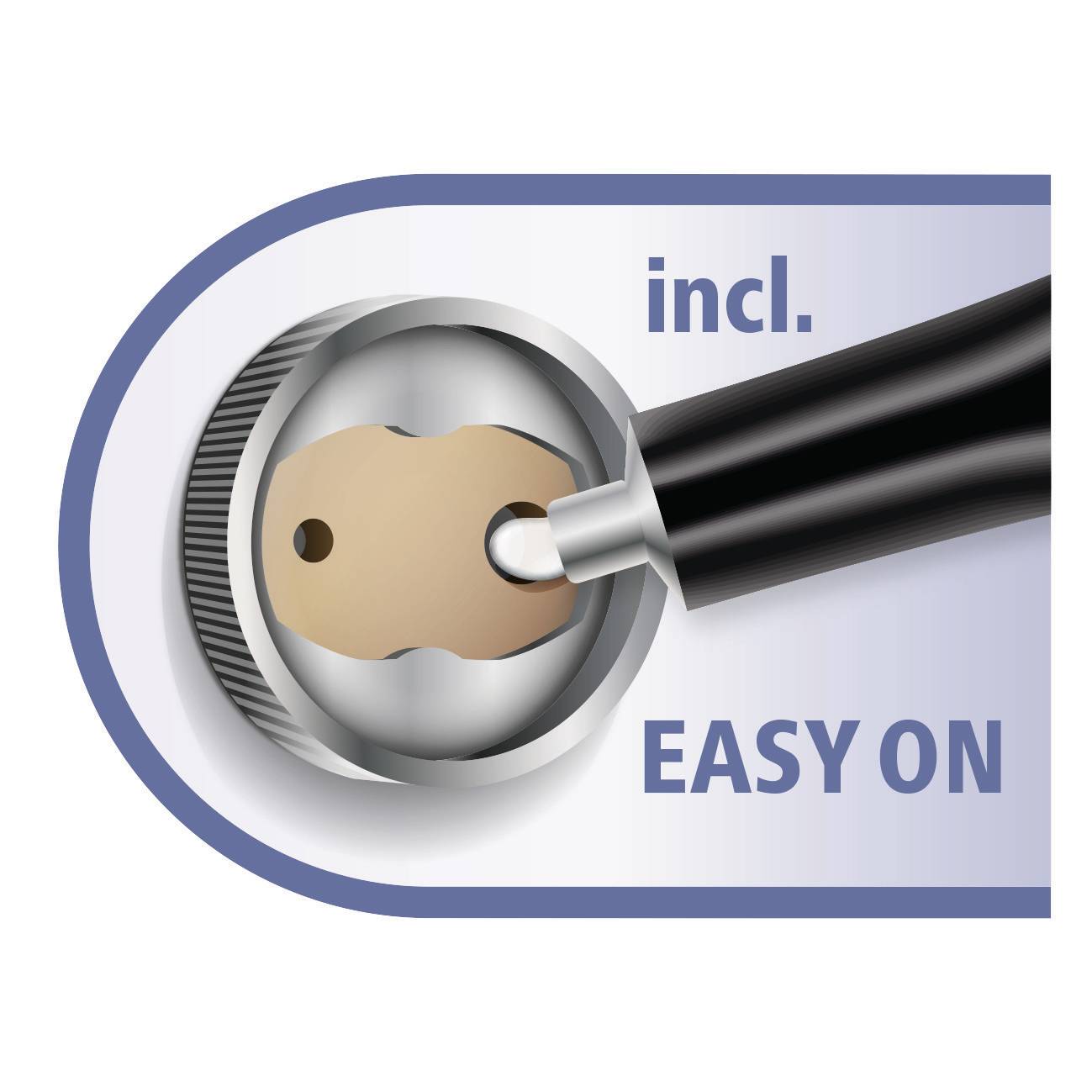 Ein elektrischer Stecker wird mühelos in eine Steckdose eingeführt, begleitet von der Aufschrift 'incl. EASY ON'.