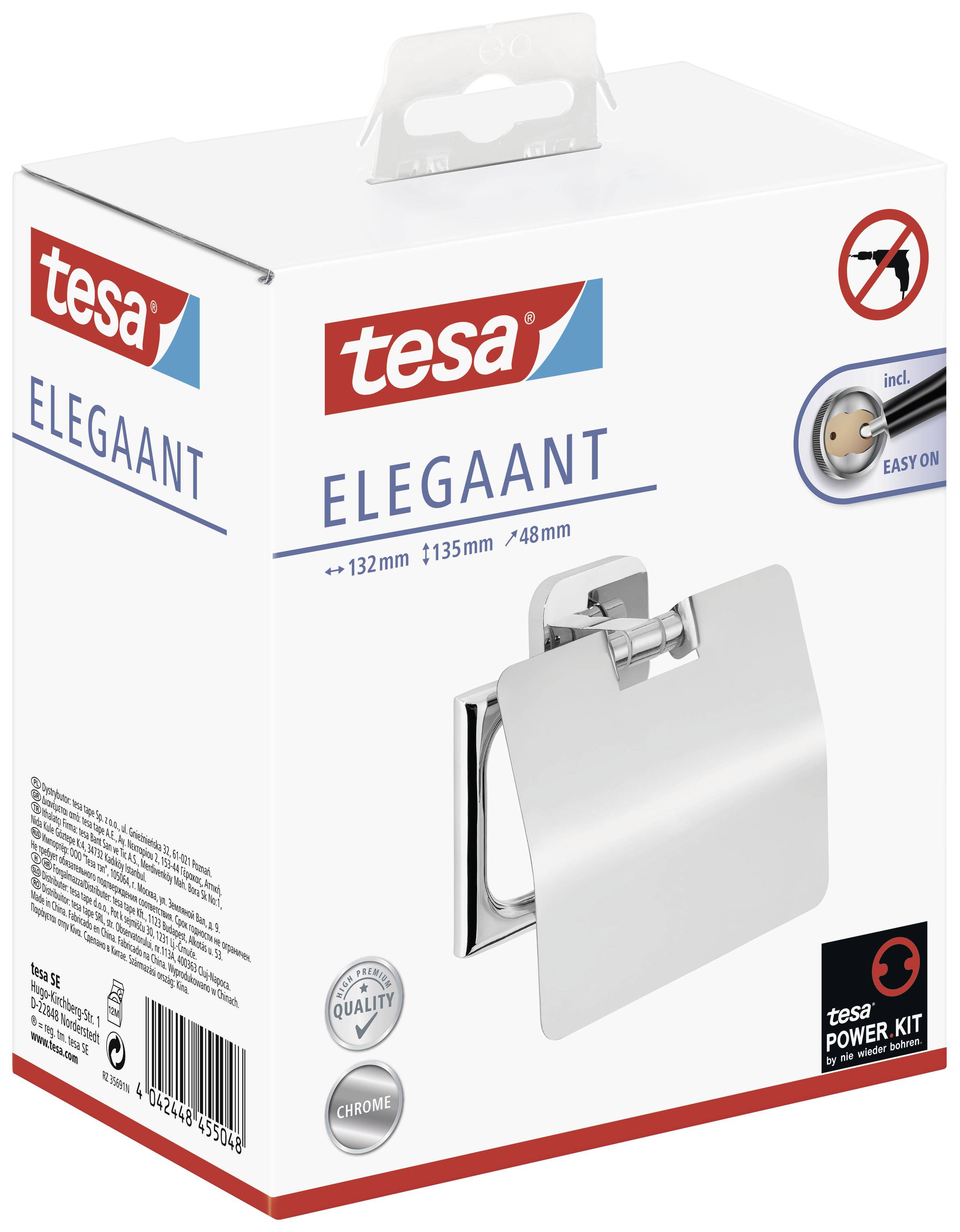 Packung eines tesa Toilettenpapierhalters mit dem Namen 'Elegance', abgebildet mit den Maßen 132mm x 1135mm x 48mm und chromfarbenem Finish.