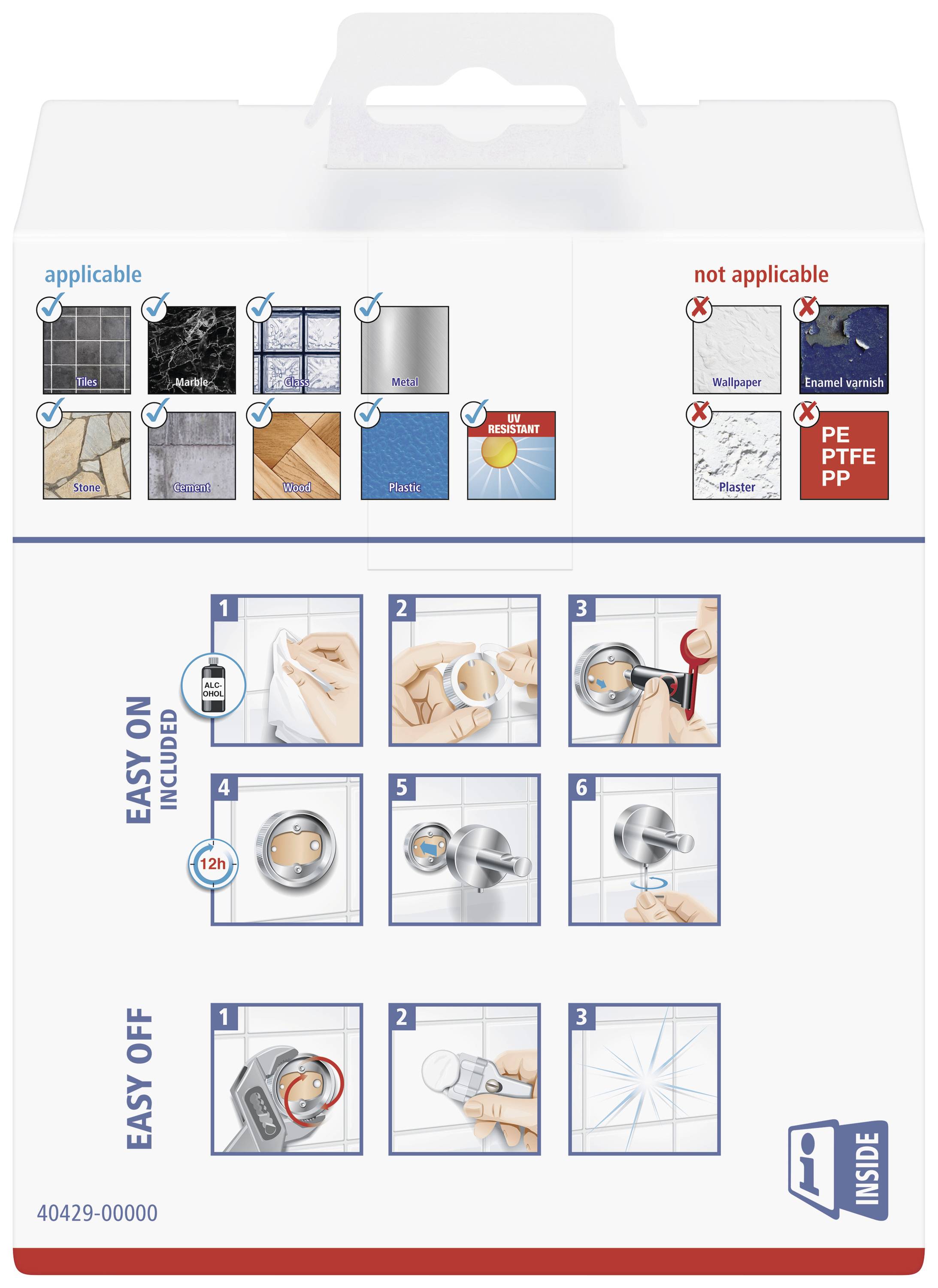 Anleitung zur Montage einer Halterung: 'Easy On' zeigt Schritte zur Anbringung, 'Easy Off' zeigt Schritte zur Entfernung. Materialien: geeignet und ungeeignet.