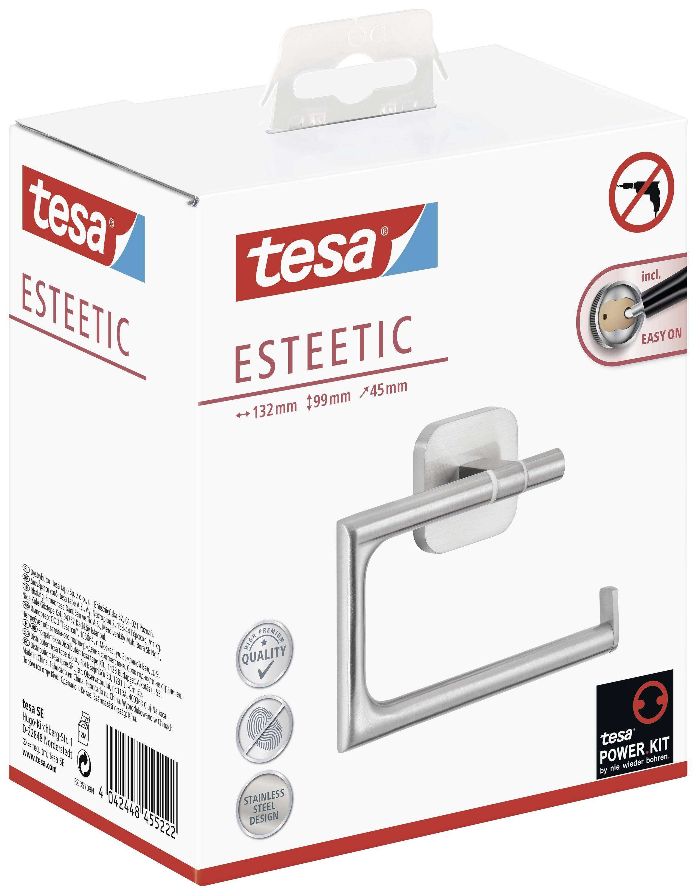 Verpackung eines Tesa Esteetic-Handtuchhalters aus Edelstahl mit Power Kit zur einfachen Wandmontage, ohne Bohren.