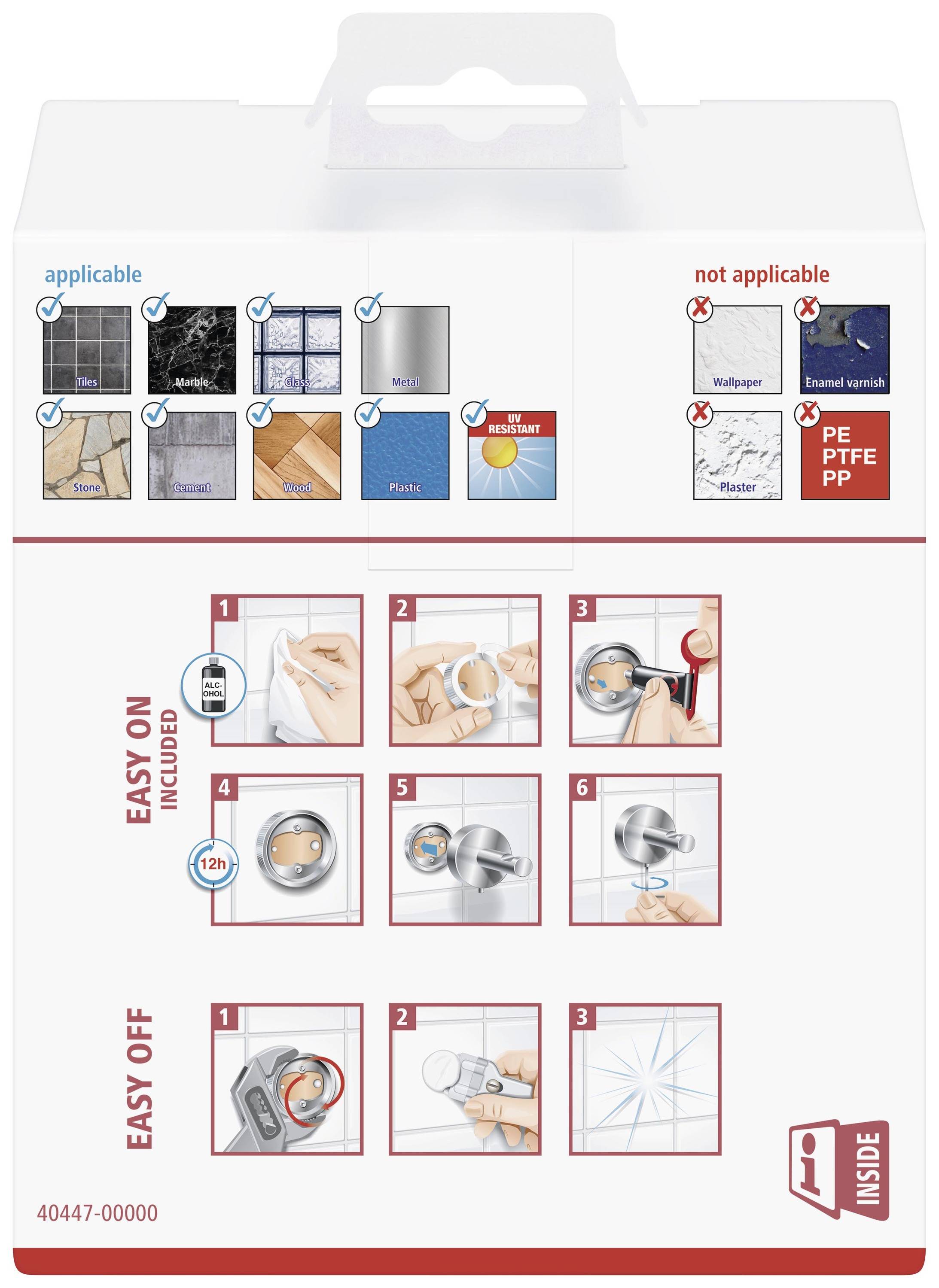 Verpackungsrückseite zeigt Gebrauchsanweisung für Klebehaken: geeignet für Fliesen, Metall; ungeeignet für Tapeten, Putz. Schrittweise Anleitung in Bildern.