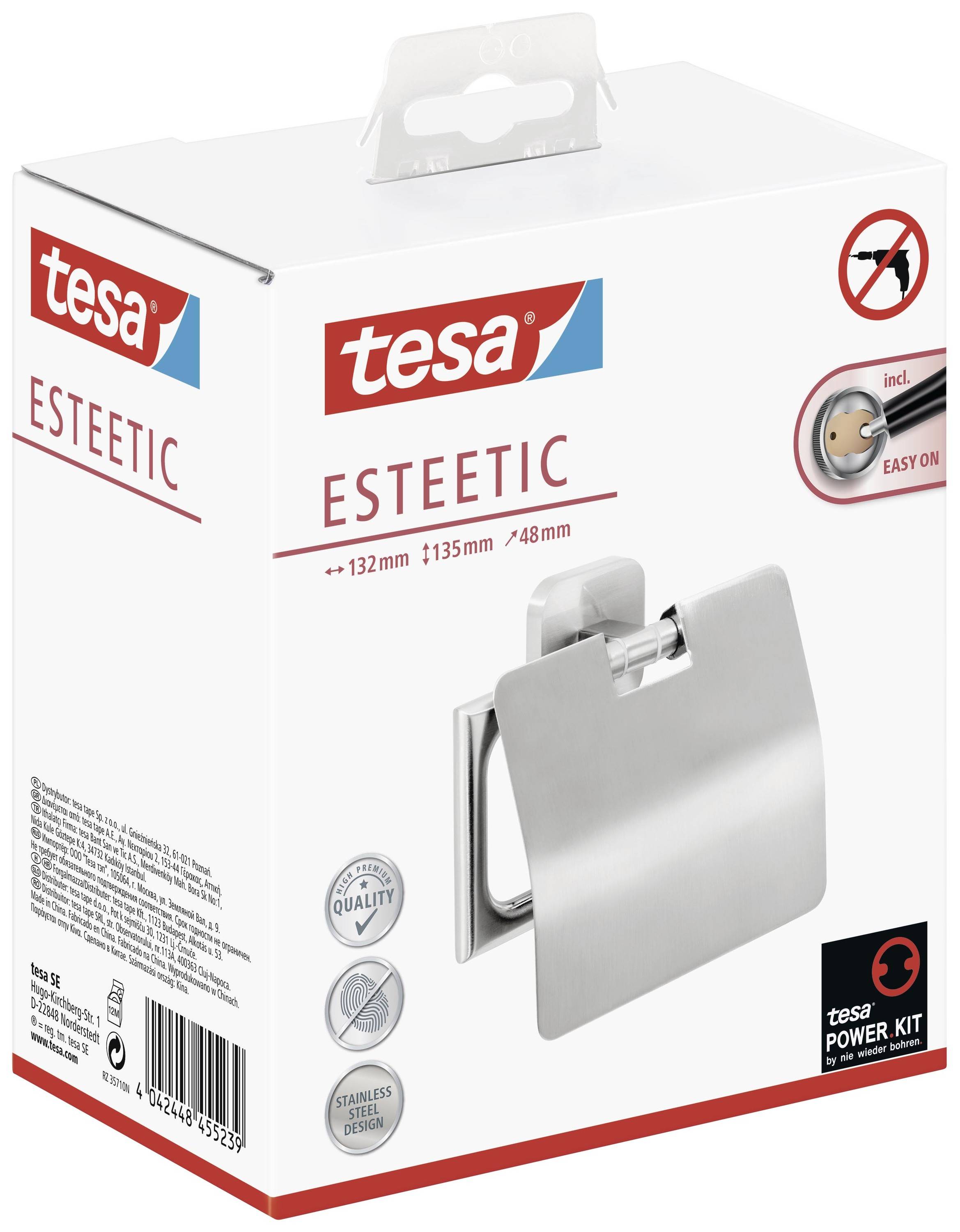 Eine Produktverpackung von 'tesa ESTEETIC' für einen selbstklebenden Handtuchhalter aus Edelstahl, inklusive Montageanleitung.