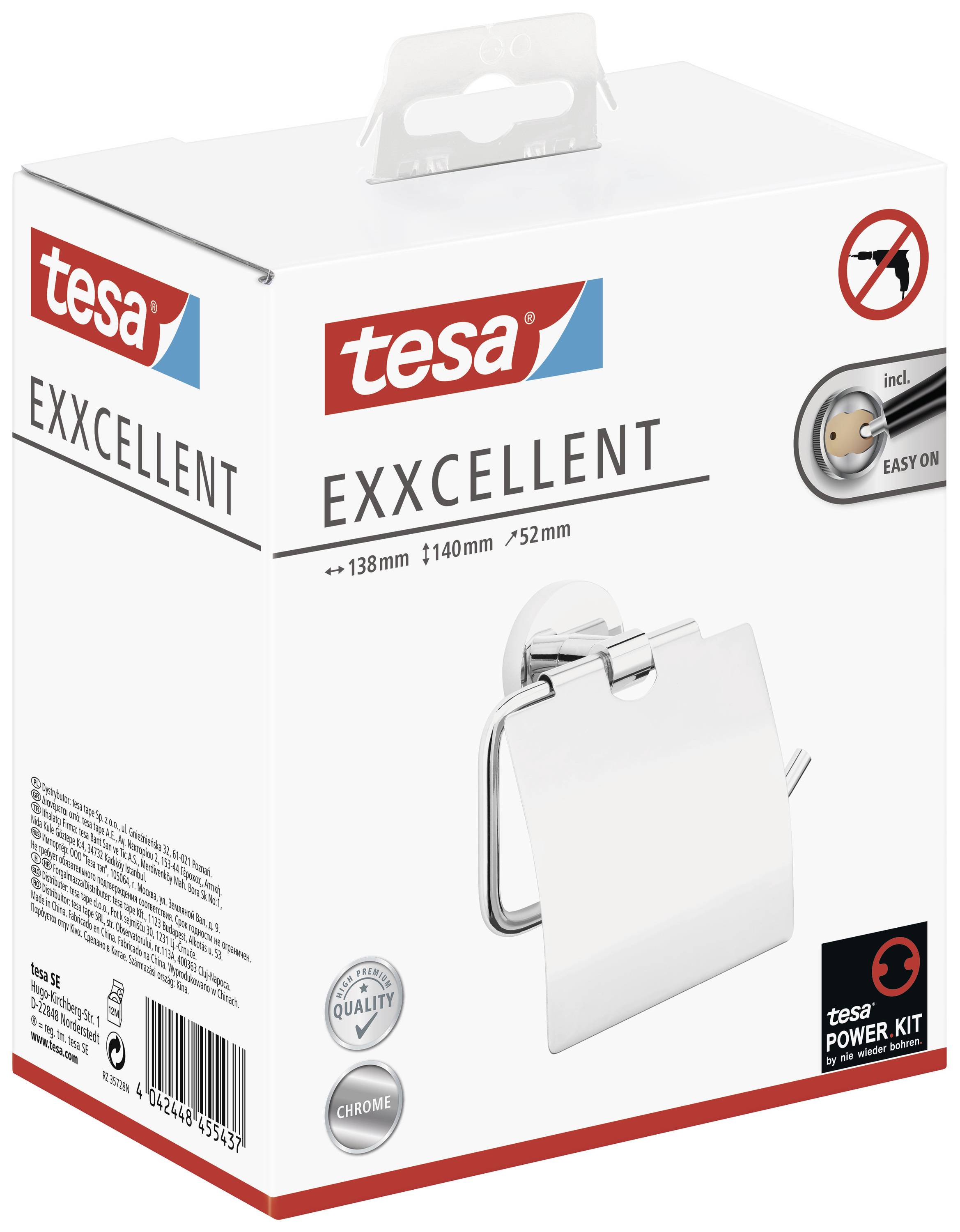 Verpackung eines tesa 'EXXCELLENT' Toilettenpapierhalters in Chromoptik, inklusive Montagesystem ohne Bohren.