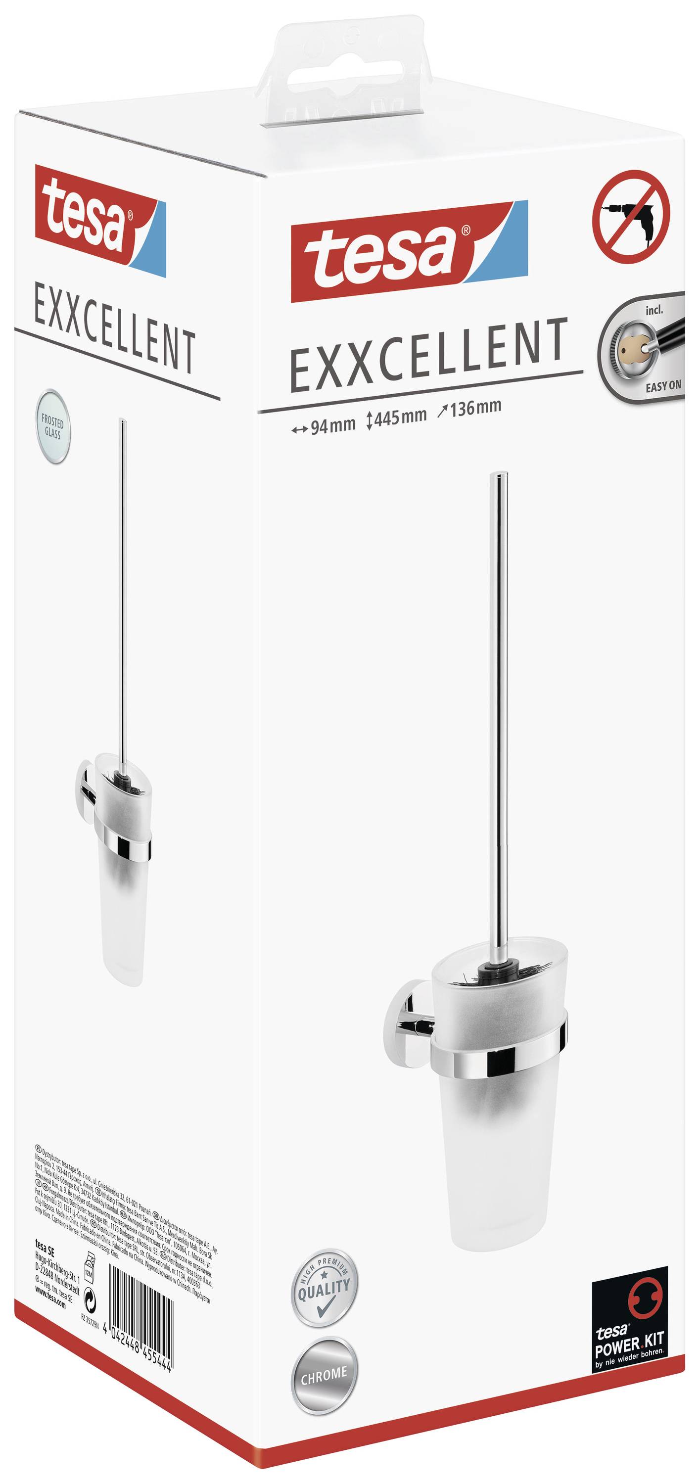 Verpackung eines tesa EXXCELLENT Toilettenbürstensets, inklusive Halterung und Bürste, mit tesa Power.Kit. Aluminium-Finish.