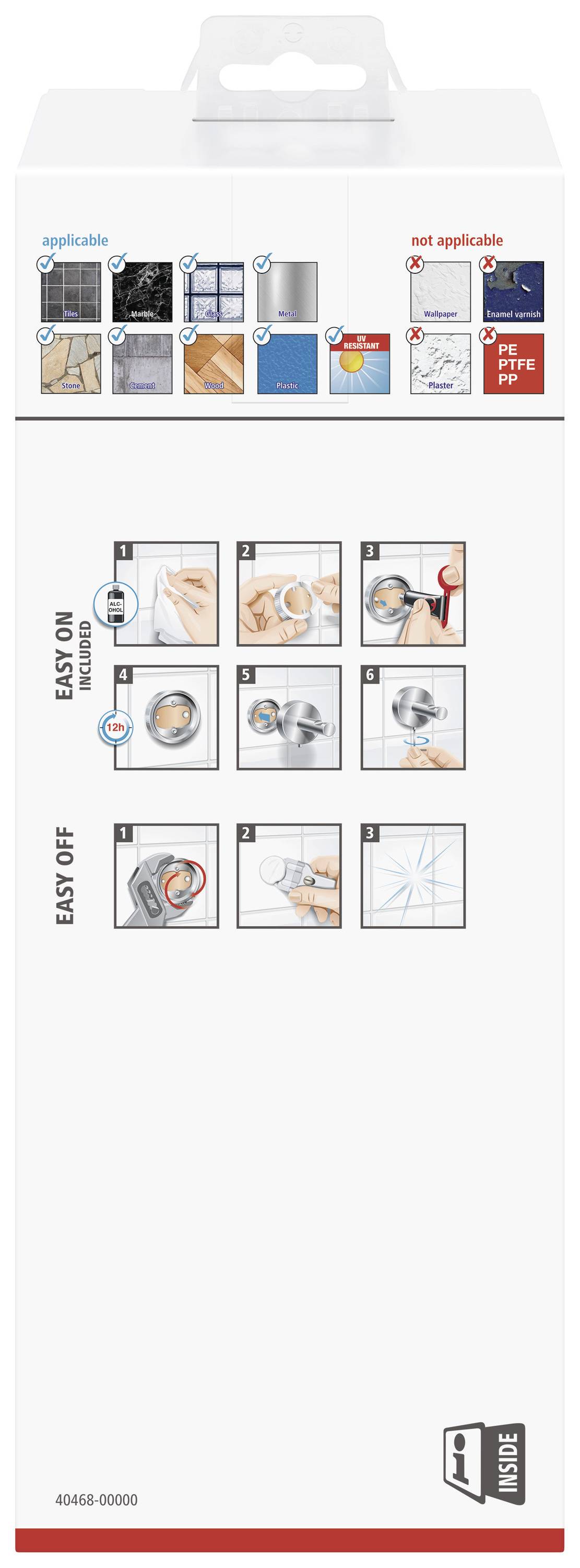Anleitung zur Installation und Entfernung eines Hakens: Schritte 1 bis 5 zeigen Montage und Schritte 1 bis 3 das Abnehmen.