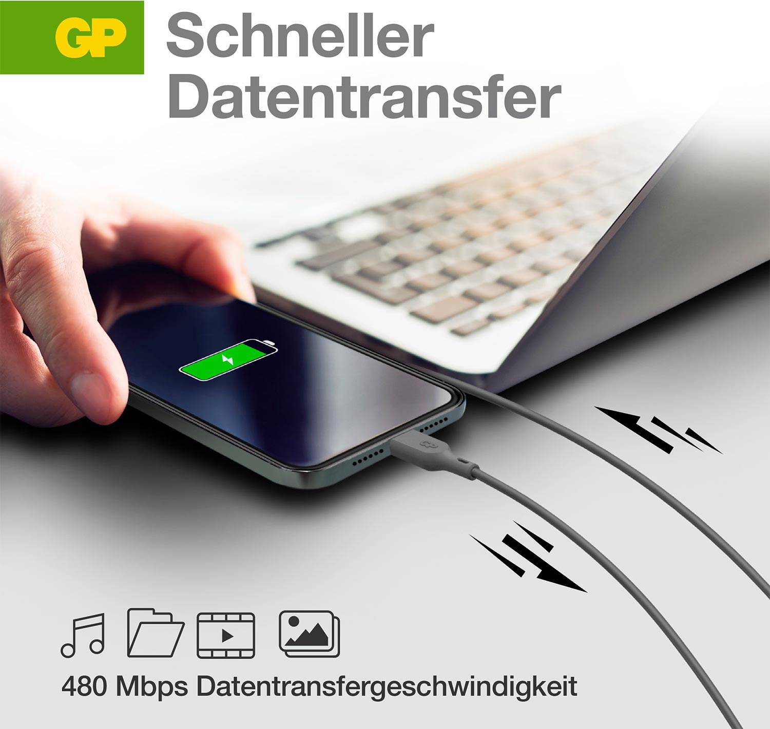 Eine Hand verbindet ein Smartphone mit einem Laptop über ein Kabel. Text oben links: 'Schneller Datentransfer'. Unten: '480 Mbps Datentransfergeschwindigkeit'.