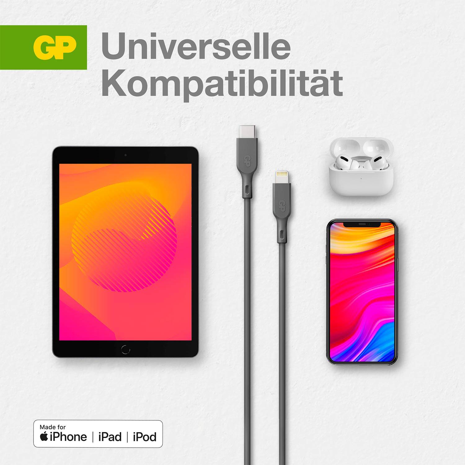 Tablets, Smartphone, Kopfhörer, Kabel; Text 'Universelle Kompatibilität', Logo, Hinweis 'Made for iPhone, iPad, iPod'.