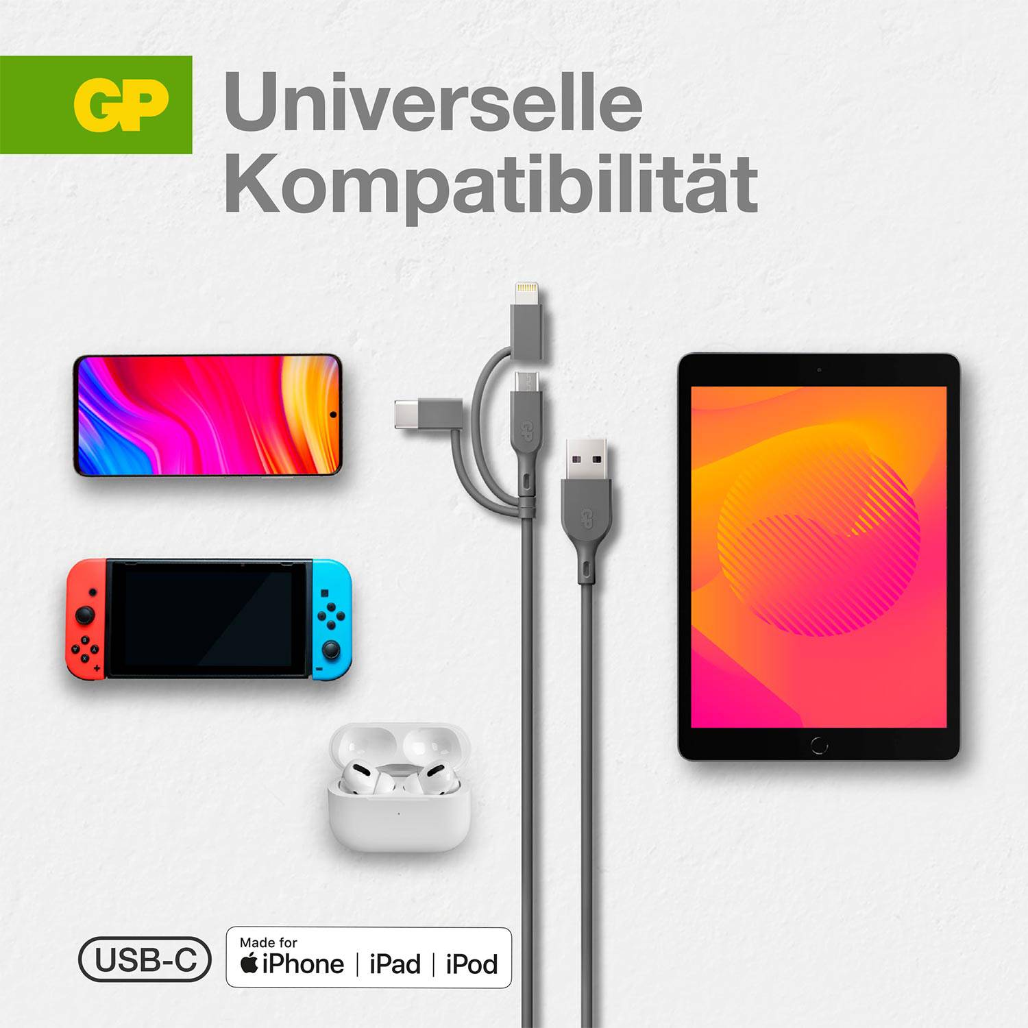 GP USB-Ladekabel USB 2.0 USB-A Stecker, Apple Lightning Stecker, USB-Micro-B Stecker, USB-C® Stecke