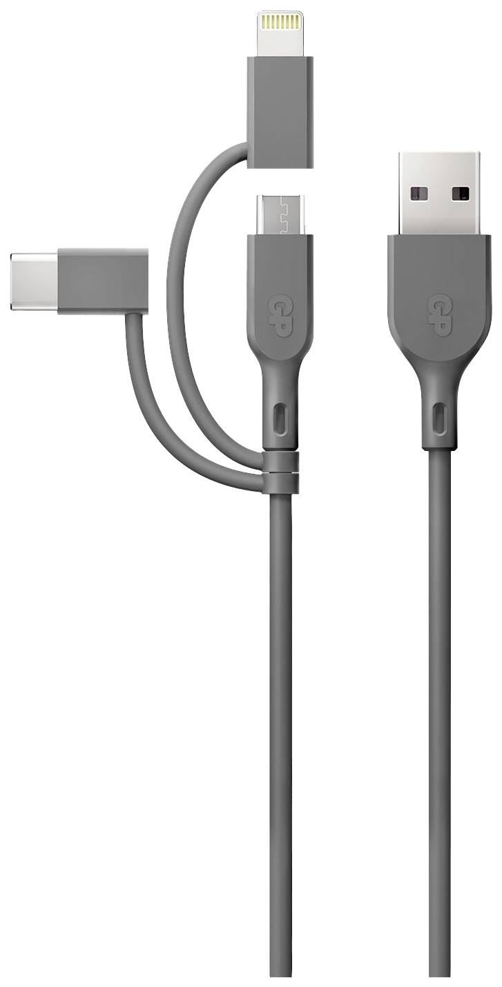 Ein USB-Ladekabel mit drei Anschlüssen: USB-C, Micro-USB und Lightning, für vielfältige Gerätekompatibilität.