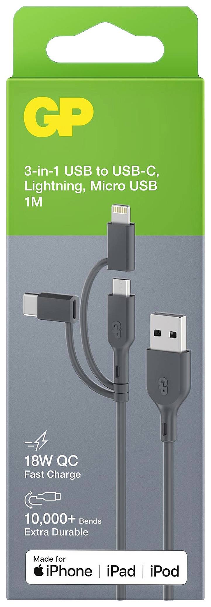 GP USB-Ladekabel USB 2.0 USB-A Stecker, Apple Lightning Stecker, USB-Micro-B Stecker, USB-C® Stecke