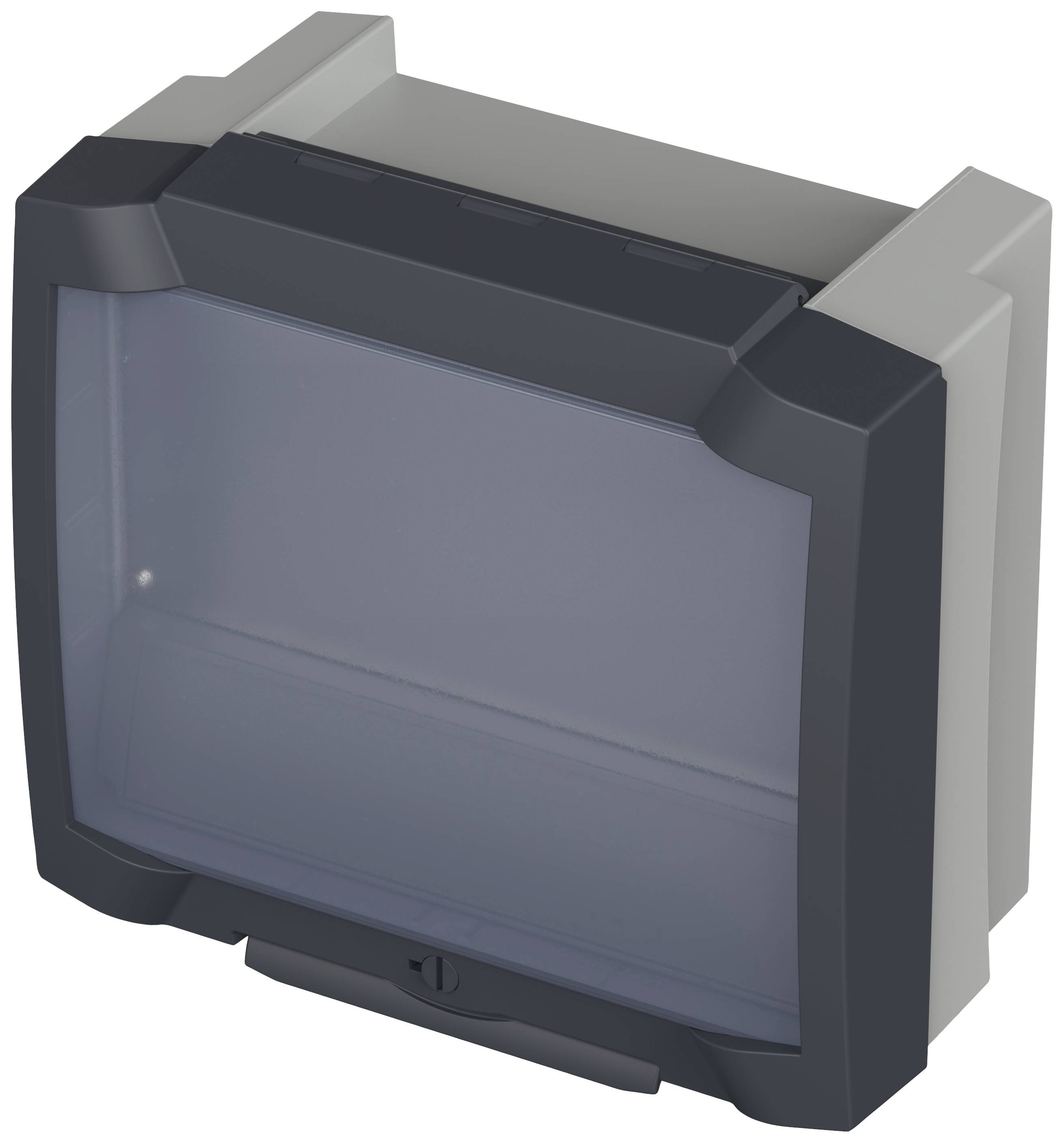 Ein rechteckiger, grauer Kunststoffkasten mit transparentem Deckel, geeignet zum Schutz elektrischer Komponenten.