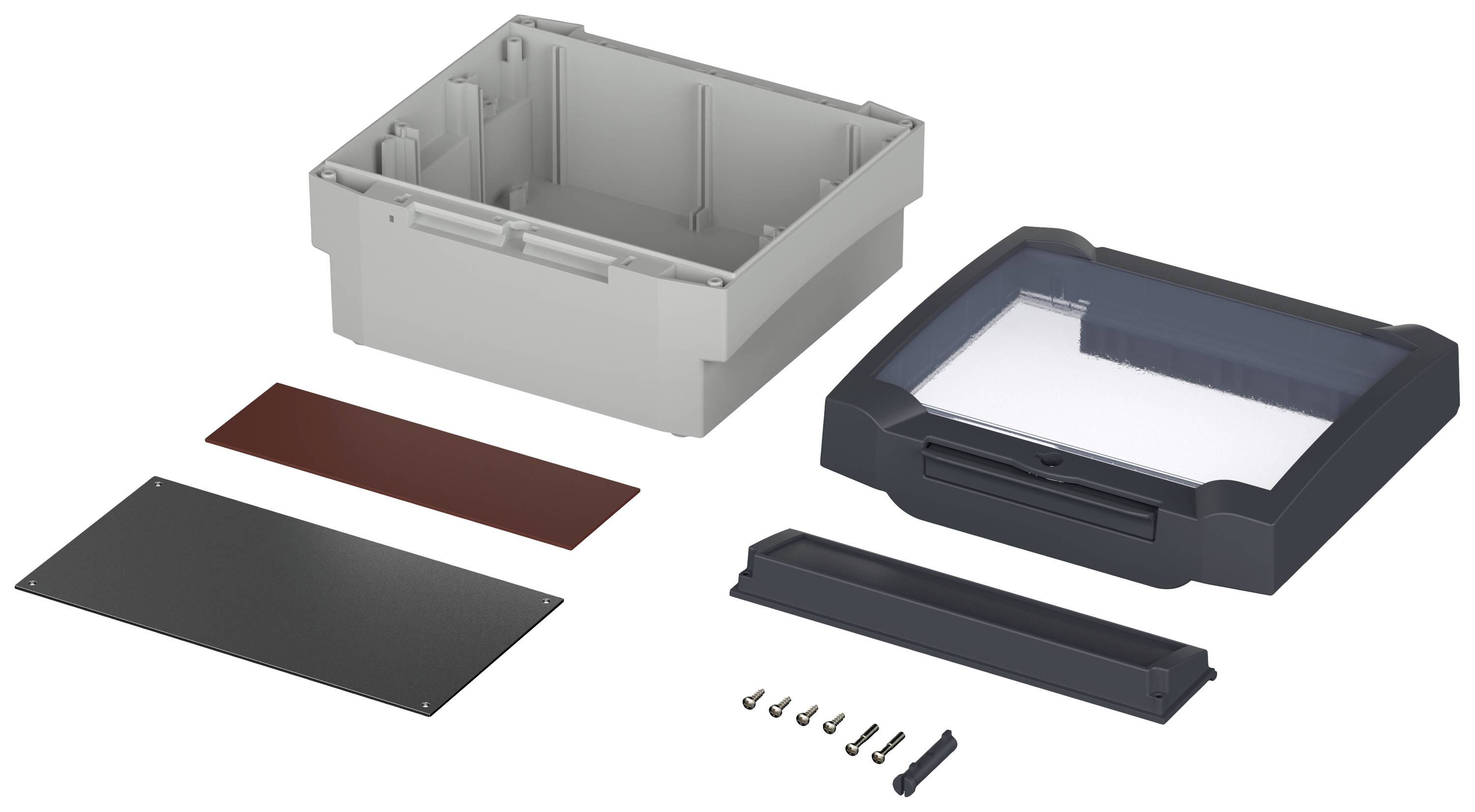 Aufbau eines Gehäusesets: grauer Kasten, schwarzer Deckel mit durchsichtigem Fenster, rote und schwarze Platten, Schrauben.