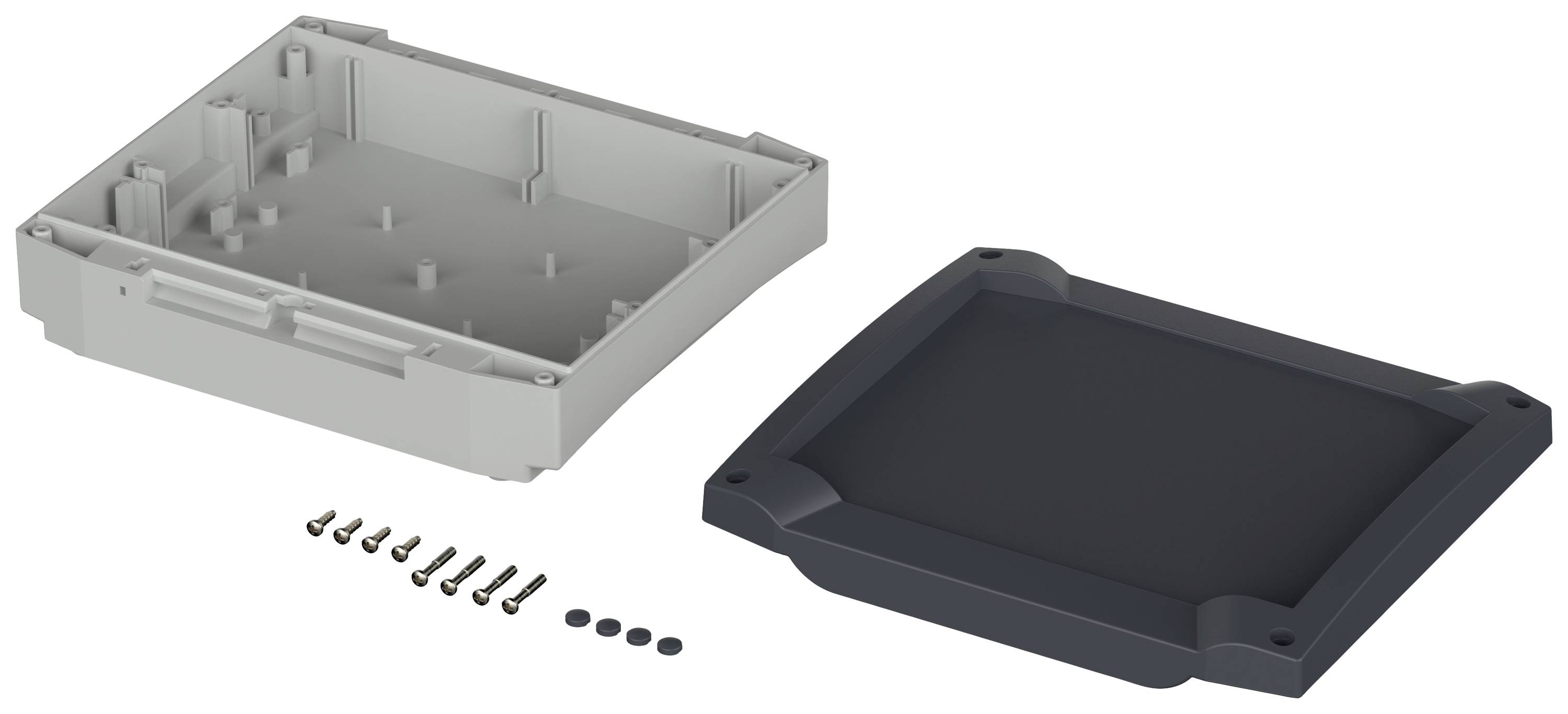 Ein graues, rechteckiges Gehäuse aus Kunststoff ist geöffnet und zeigt die Unterseite. Schrauben und Abdeckungen liegen daneben.