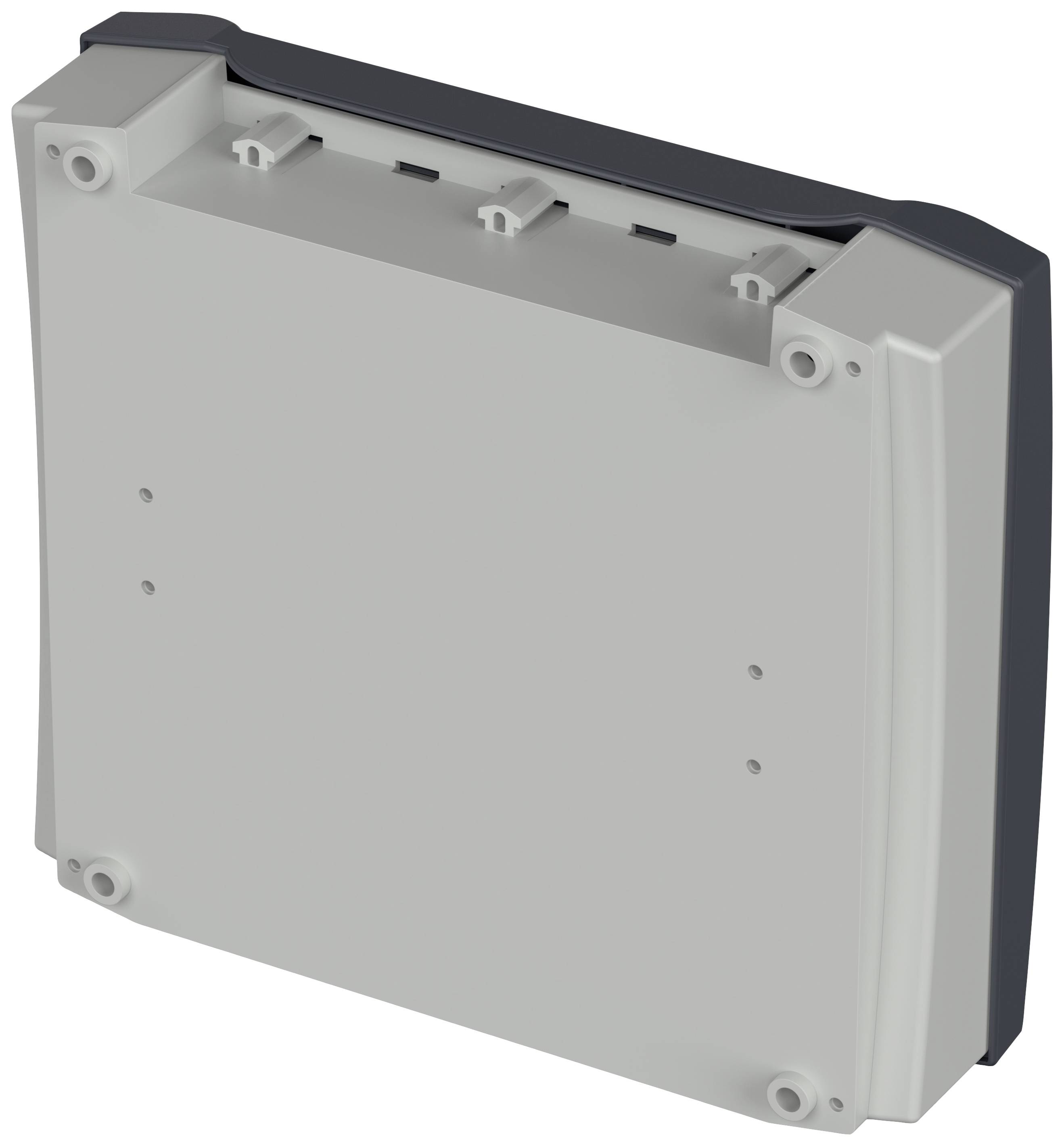 Kunststoffgehäuse in rechteckiger Form mit abgerundeten Ecken, sichtbar sind Schraublöcher an den Ecken und ein dunkler Streifen auf einer Kante.