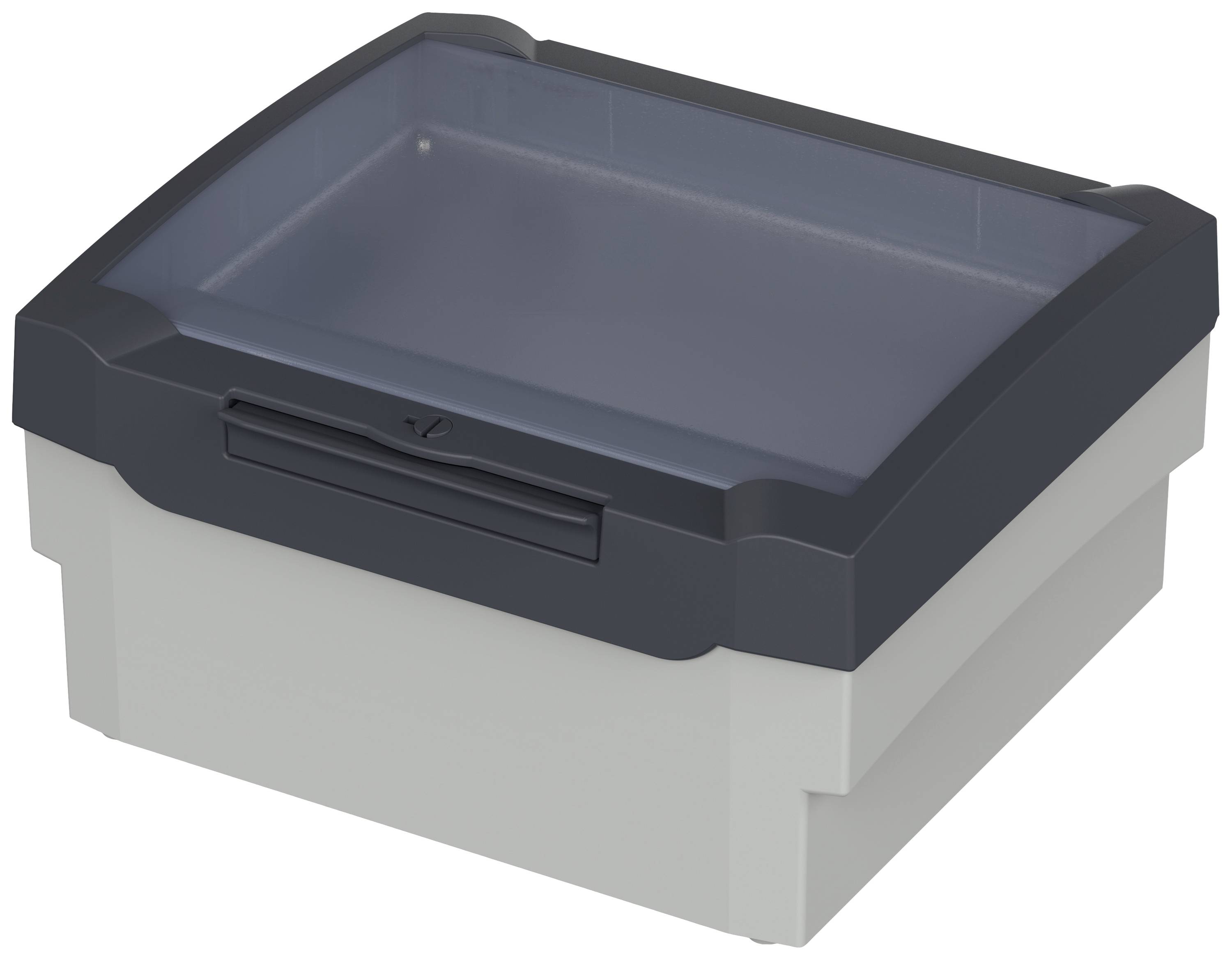 Graues Kunststoffgehäuse mit transparentem Deckel, quadratisch, für elektronische Komponenten, geeignet für Wandmontage.
