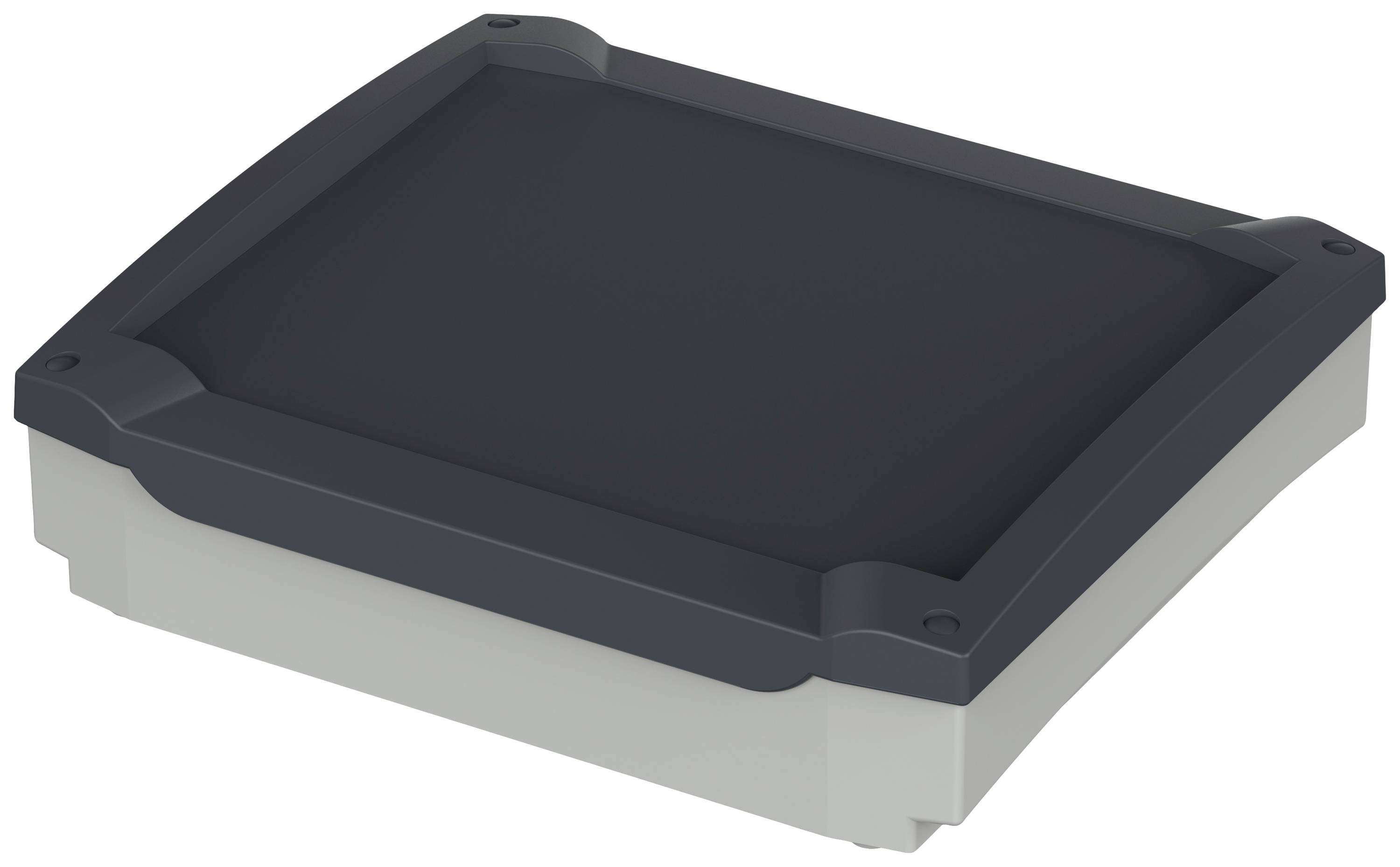 Ein quadratisches, dunkelgraues Plastikgehäuse mit abgerundeten Ecken und flacher Oberseite.