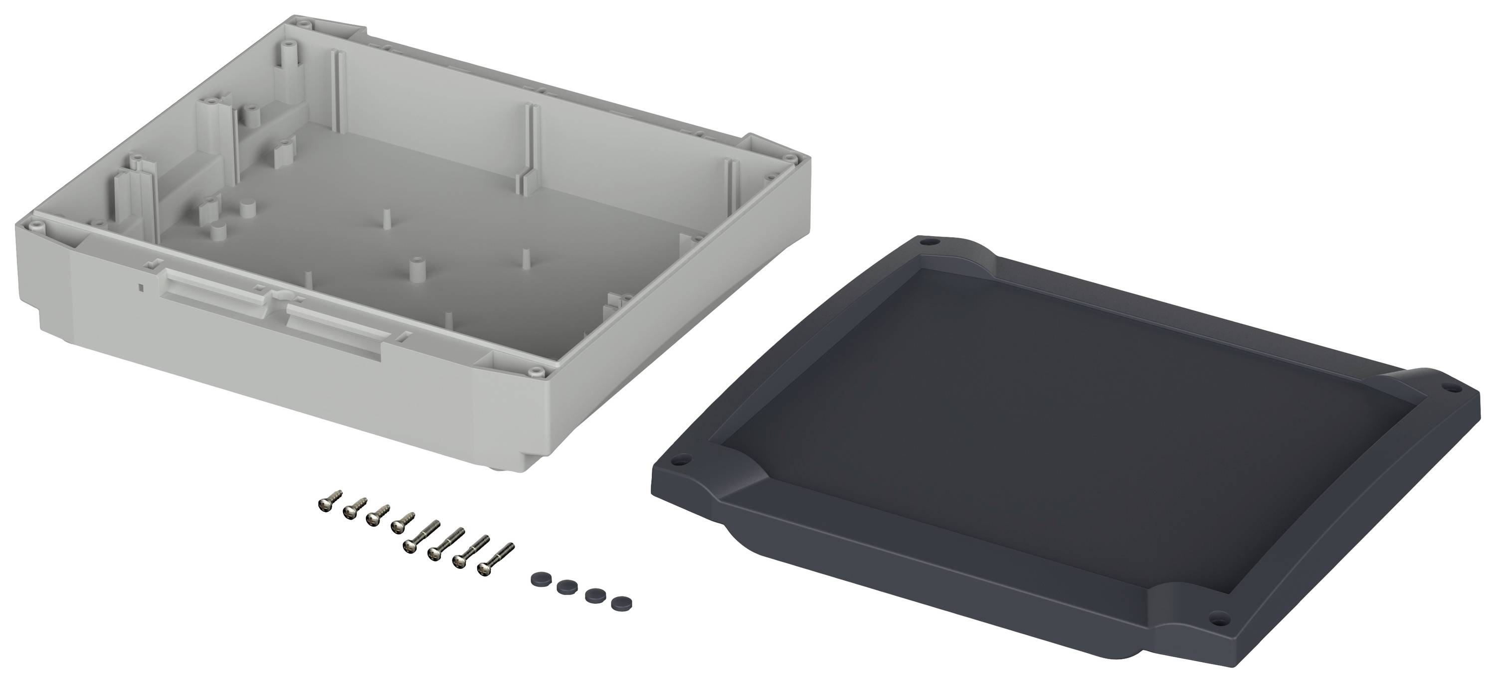Zweiteiliges rechteckiges Gehäuse aus Kunststoff mit abnehmbarem Deckel, Schrauben und Dichtungen für elektronische Anwendungen.