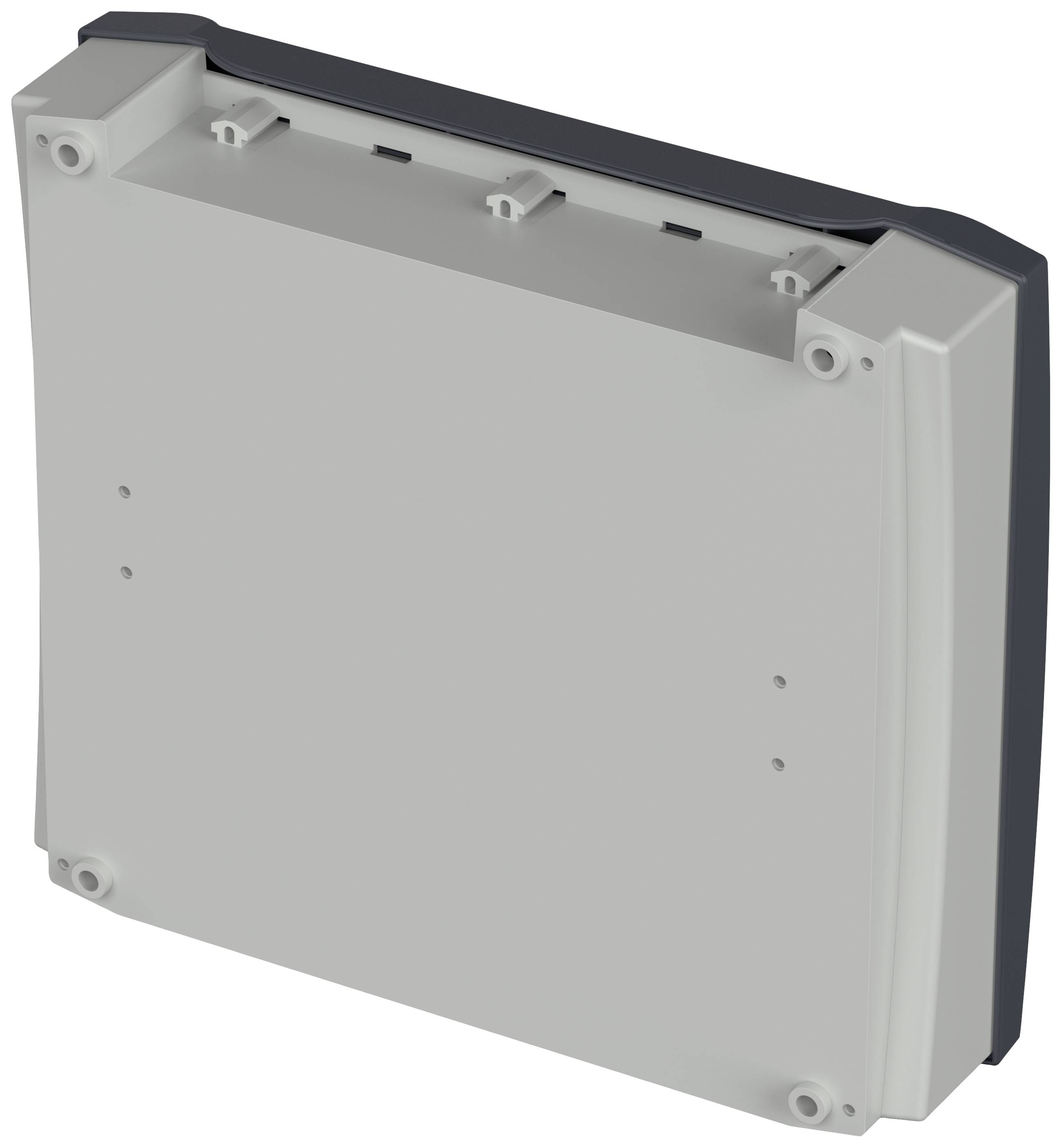 Weiße, quadratische elektrische Box mit abgeschrägten Kanten und vier Montageschrauben an den Ecken.