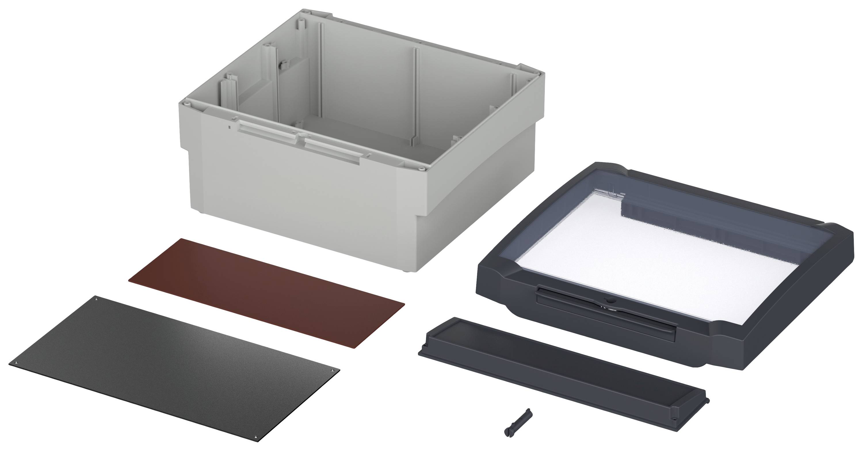 Explosionszeichnung eines rechteckigen Kunststoffgehäuses mit fünf Teilen: Basis, Deckel, zwei Platten und eine kleine Schraube.