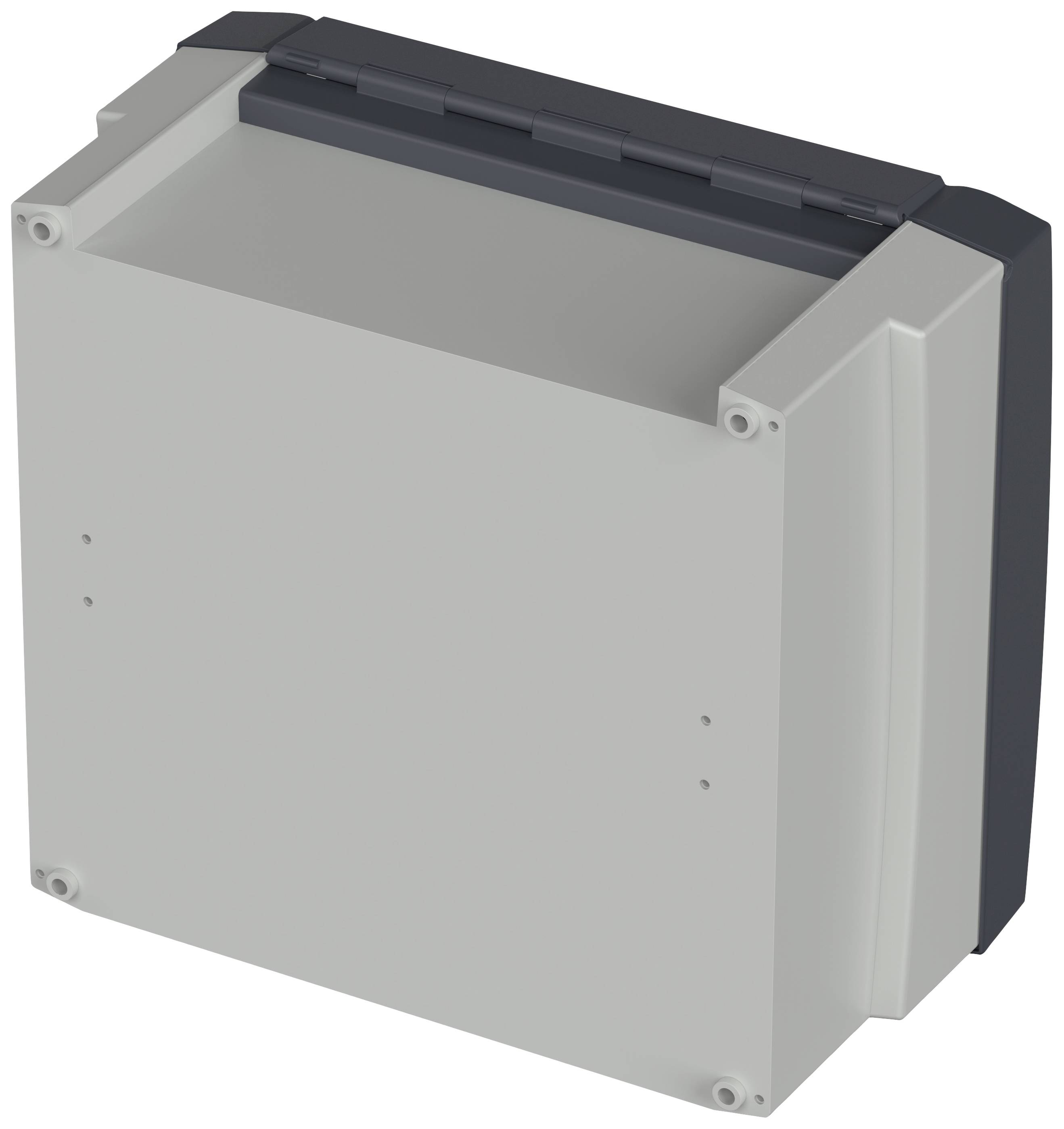 Graues, rechteckiges Gehäuse mit abgerundeten Ecken und Verschlussdeckel. Möglicherweise eine technische oder elektrische Box.