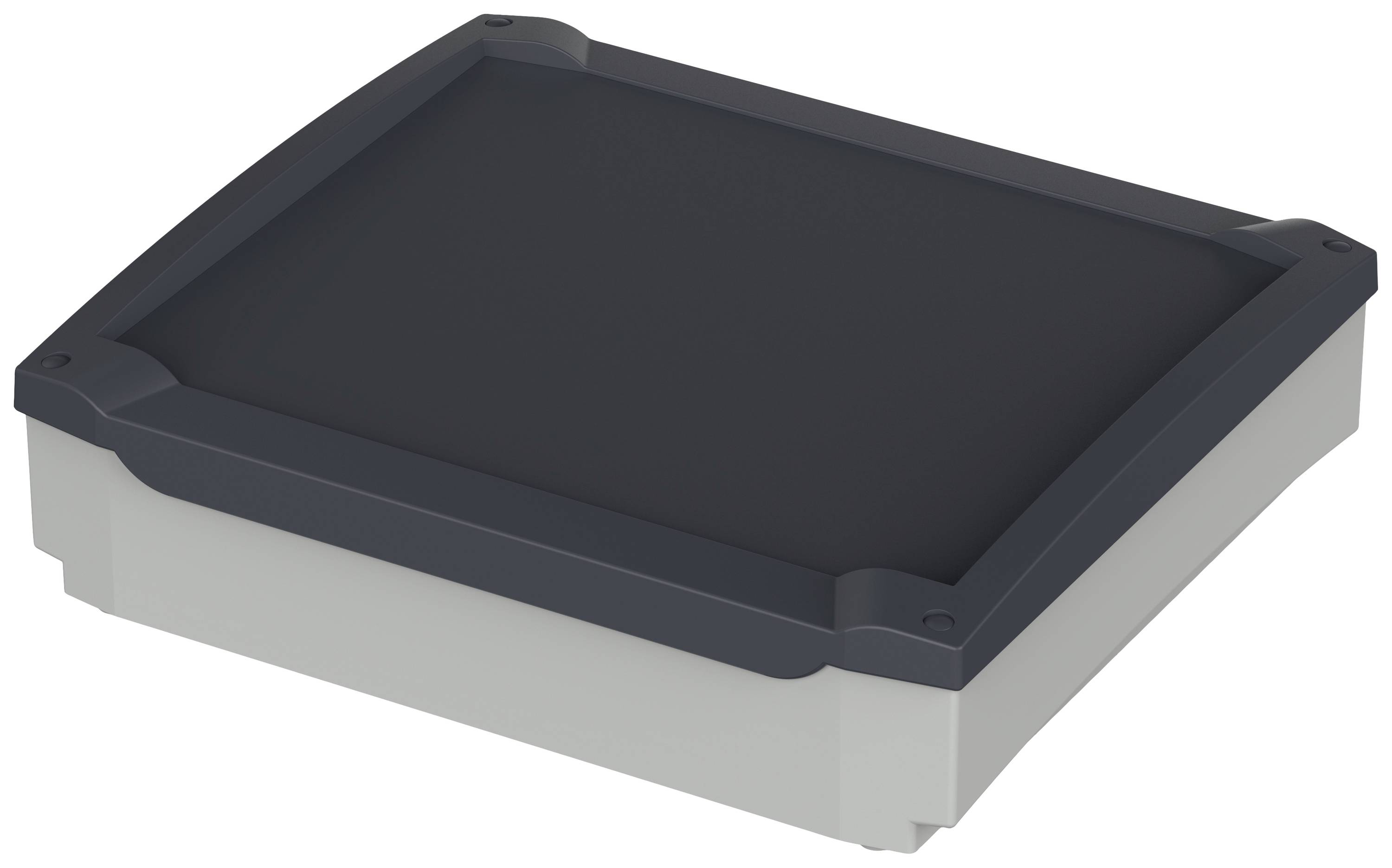 Ein rechteckiges Elektronik-Gehäuse mit dunklem Deckel. Quadratische Form, geeignet für den Schutz von Geräten oder Bauteilen.