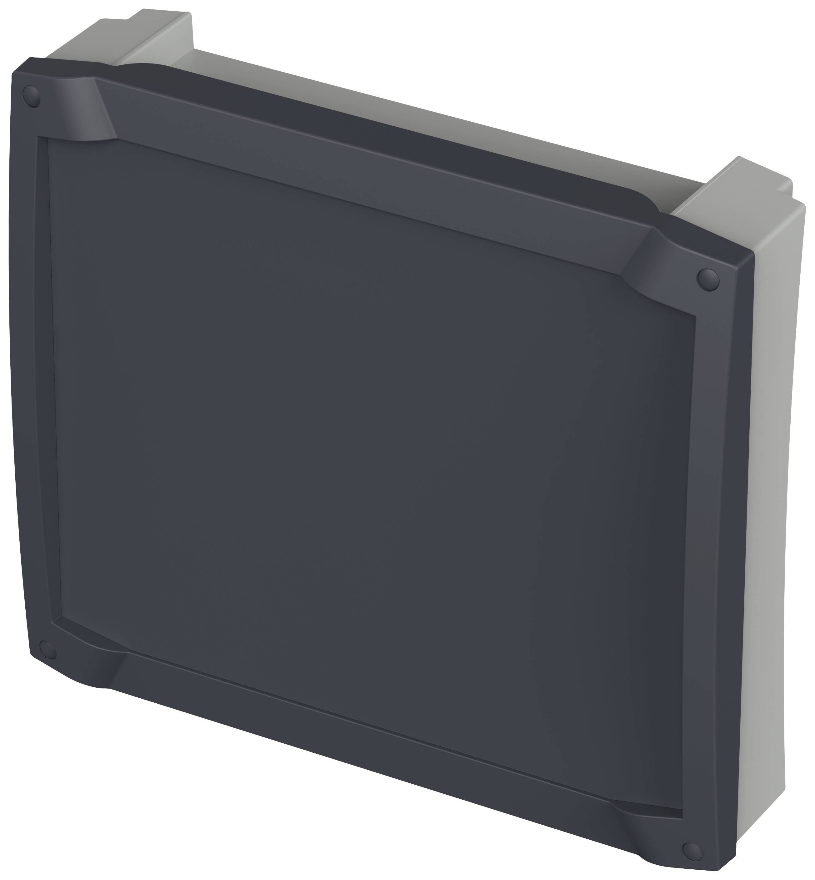 Ein schwarzer, quadratischer Kasten mit abgerundeten Ecken, symmetrisch und flach. Zweck oder Kontext des Objekts sind unklar.