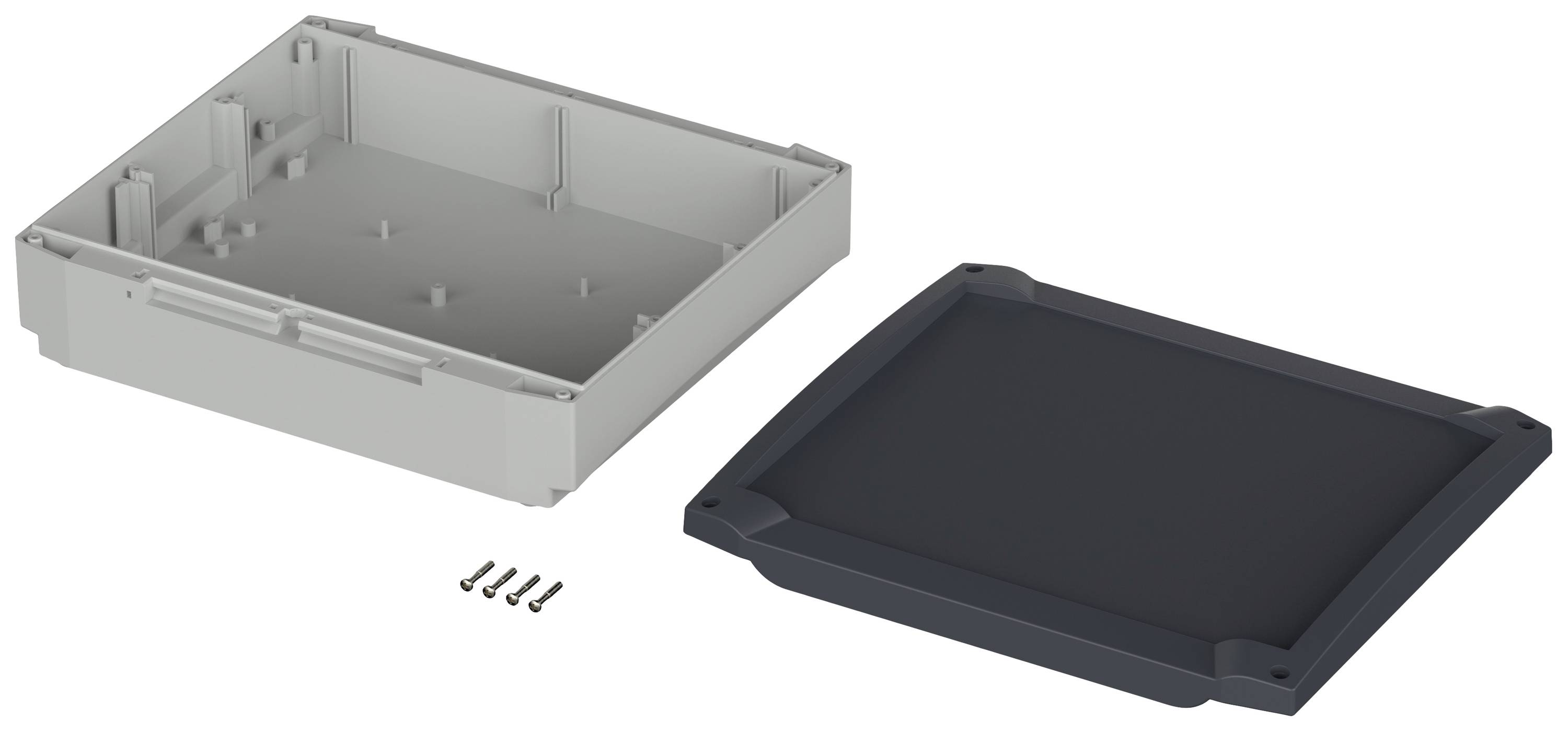 Ein offenes Gehäuse mit abgenommenem Deckel, bestehend aus zwei Teilen, und vier kleinen Schrauben daneben.