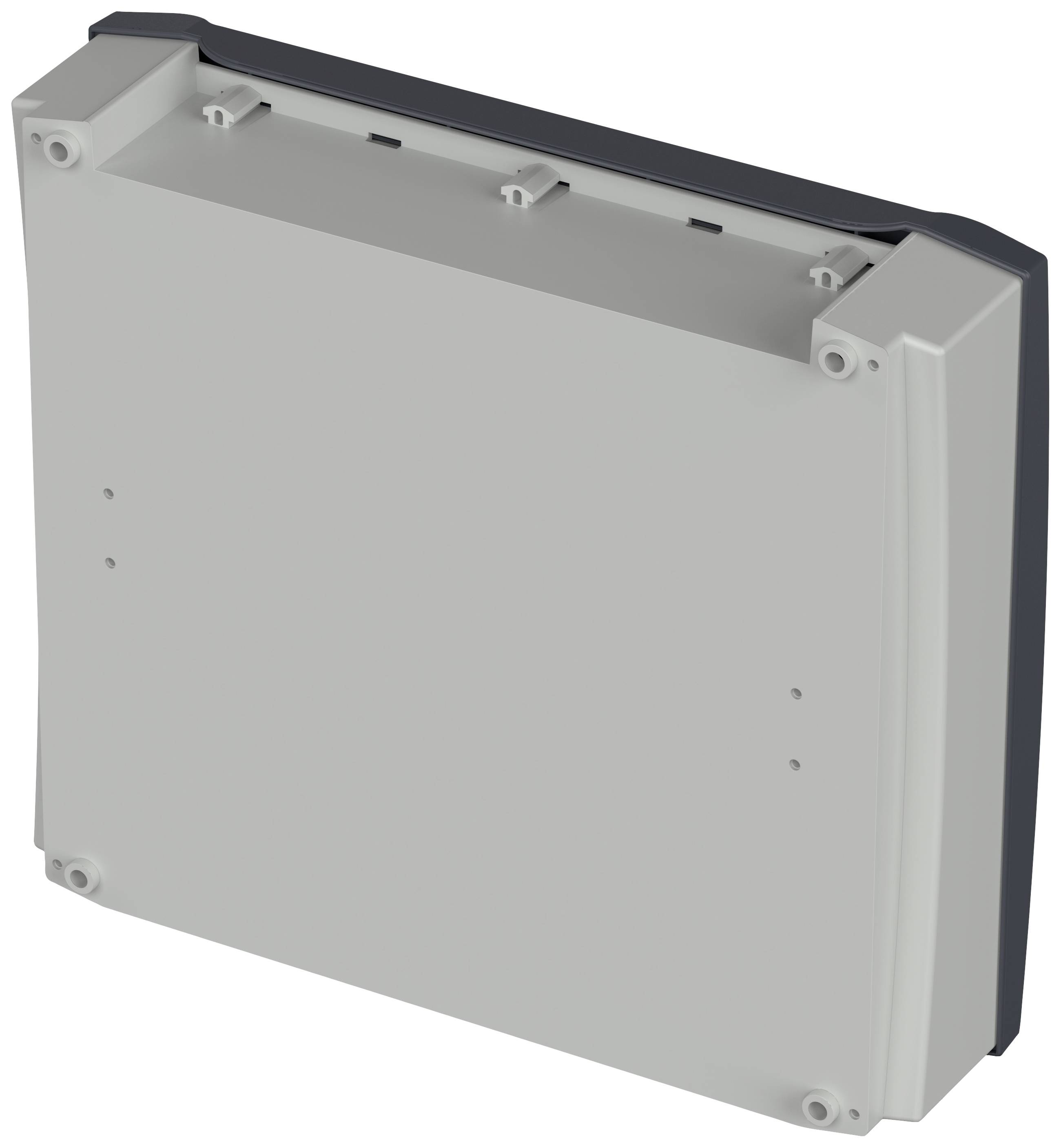 Grau-weißes Plastikgehäuse, rechteckig, vorgesehen zur Wandmontage, mit mehreren Befestigungspunkten in den Ecken.