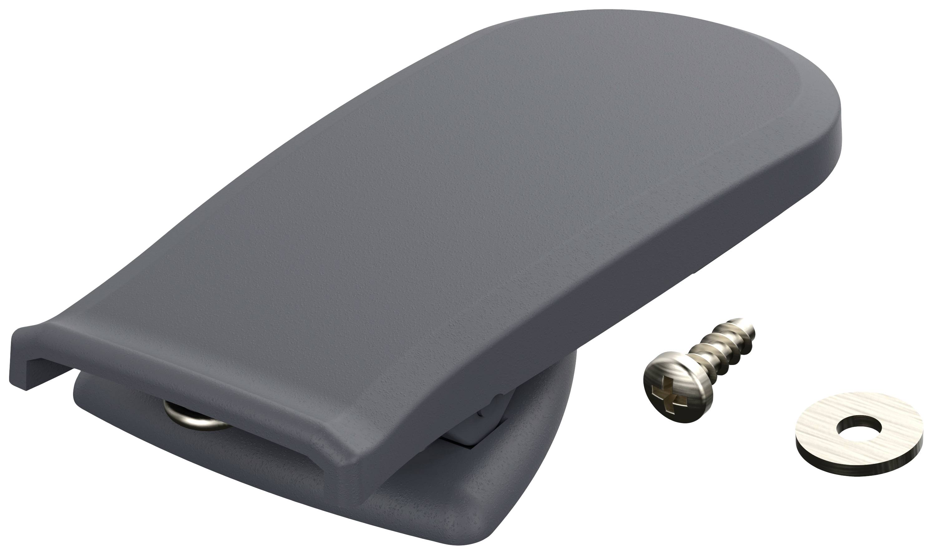 Bild eines grauen Plastikteils mit einer Schraube und einer Unterlegscheibe. Möglicherweise Teil einer Möbelmontage oder eines DIY-Projekts.