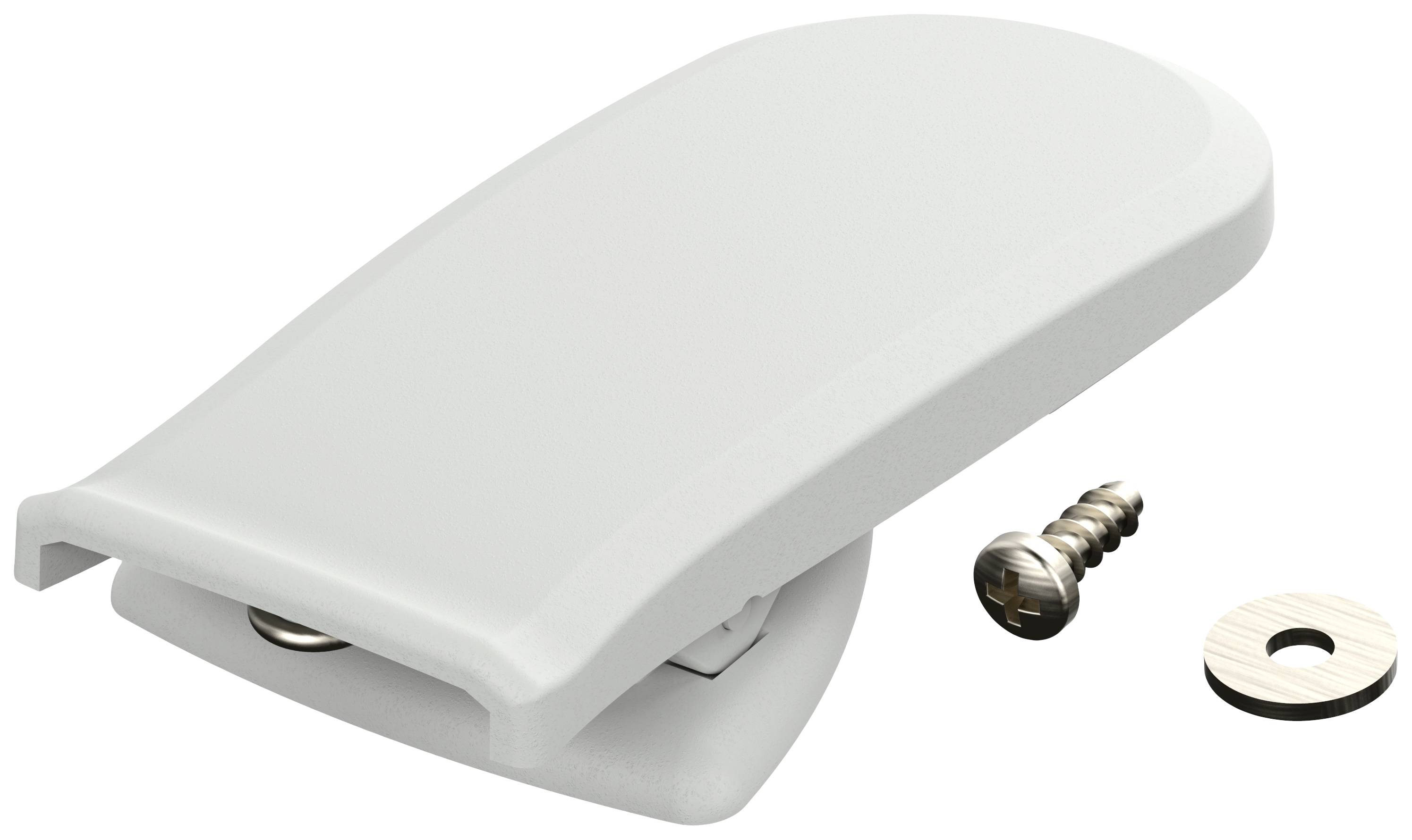 Weiße Kunststoffklammer mit Schraube und Unterlegscheibe daneben, auf weißem Hintergrund.