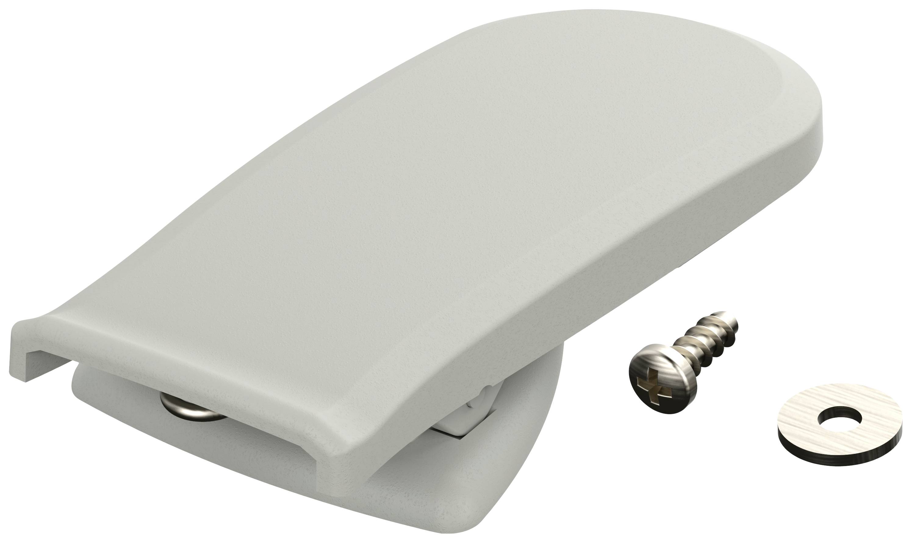 Graues Kunststoffteil mit Schraube und Unterlegscheibe. Zubehör für Möbelmontage oder Befestigung.